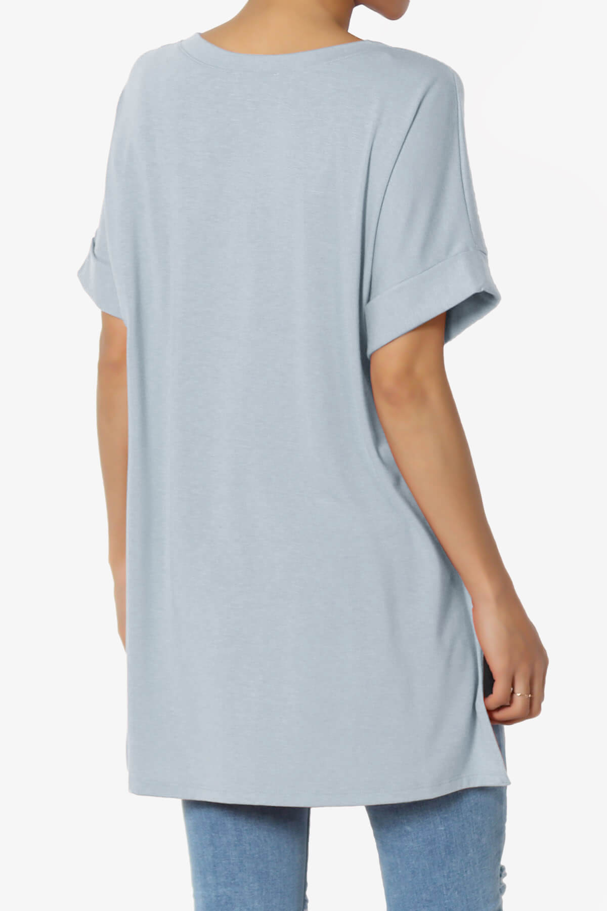 Onella V-Neck Rolled Short Sleeve Top ASH BLUE_4