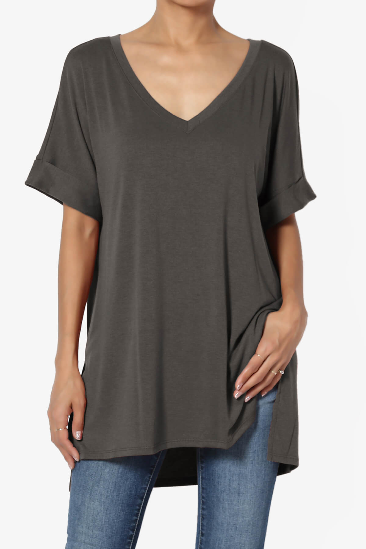 Onella V-Neck Rolled Short Sleeve Top ASH GREY_1