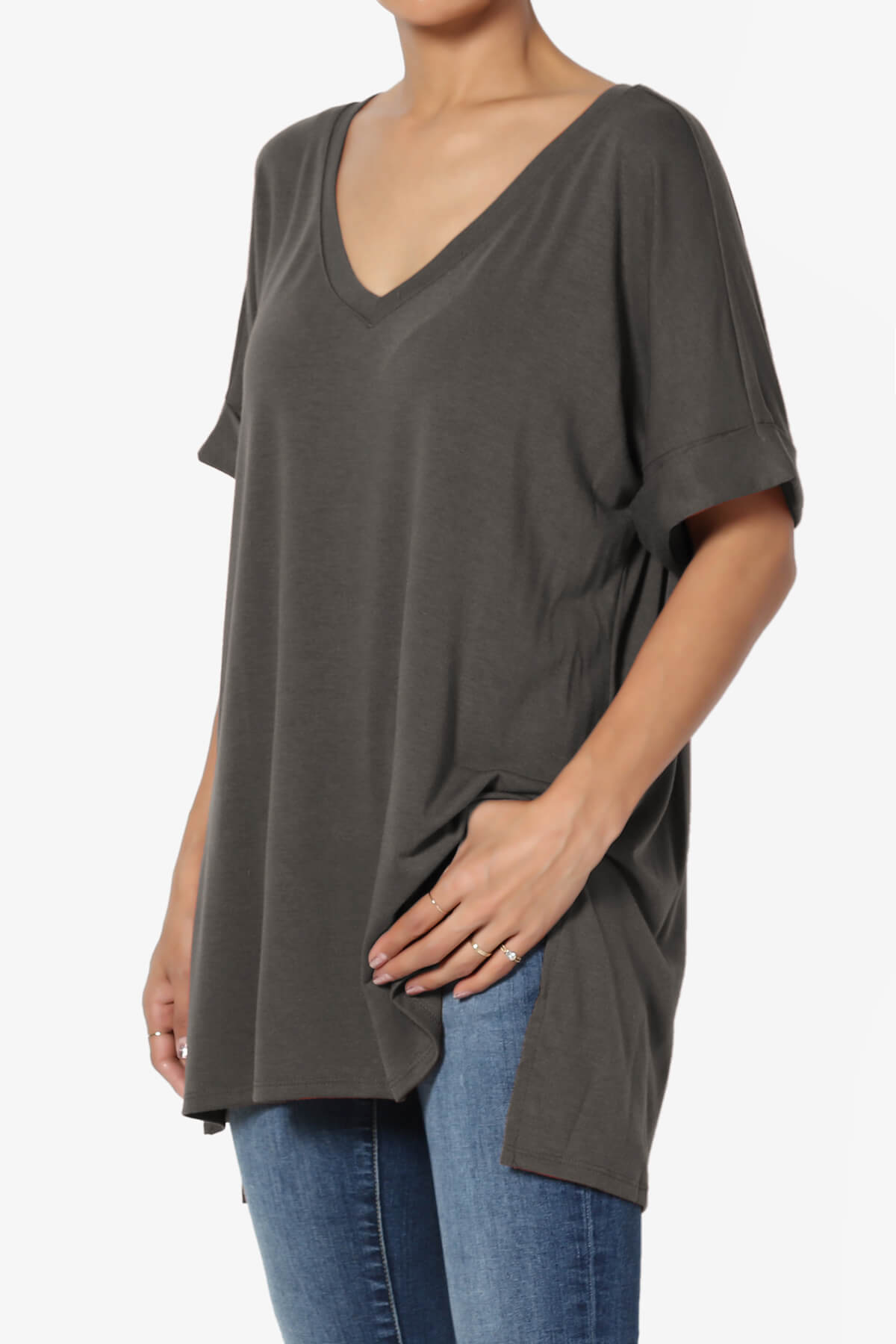 Onella V-Neck Rolled Short Sleeve Top ASH GREY_3