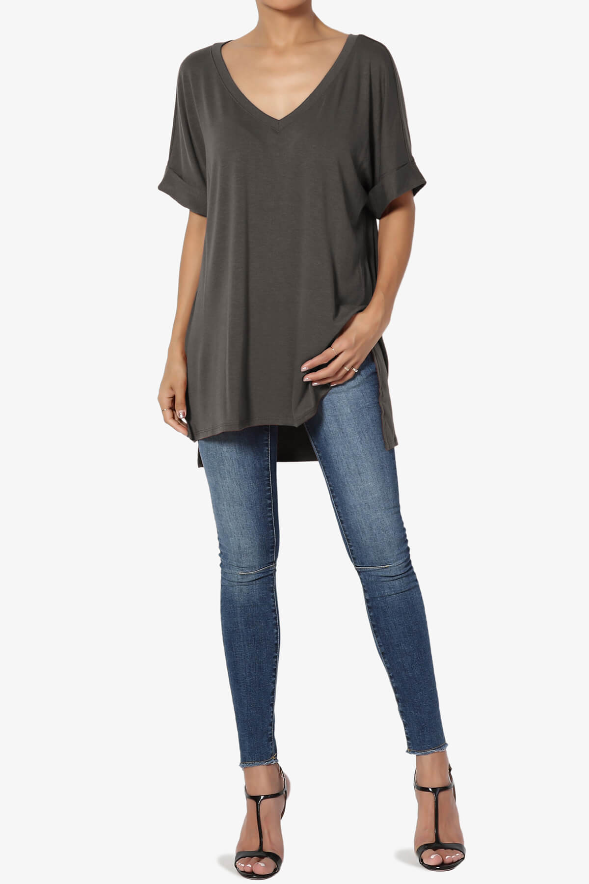 Onella V-Neck Rolled Short Sleeve Top ASH GREY_6
