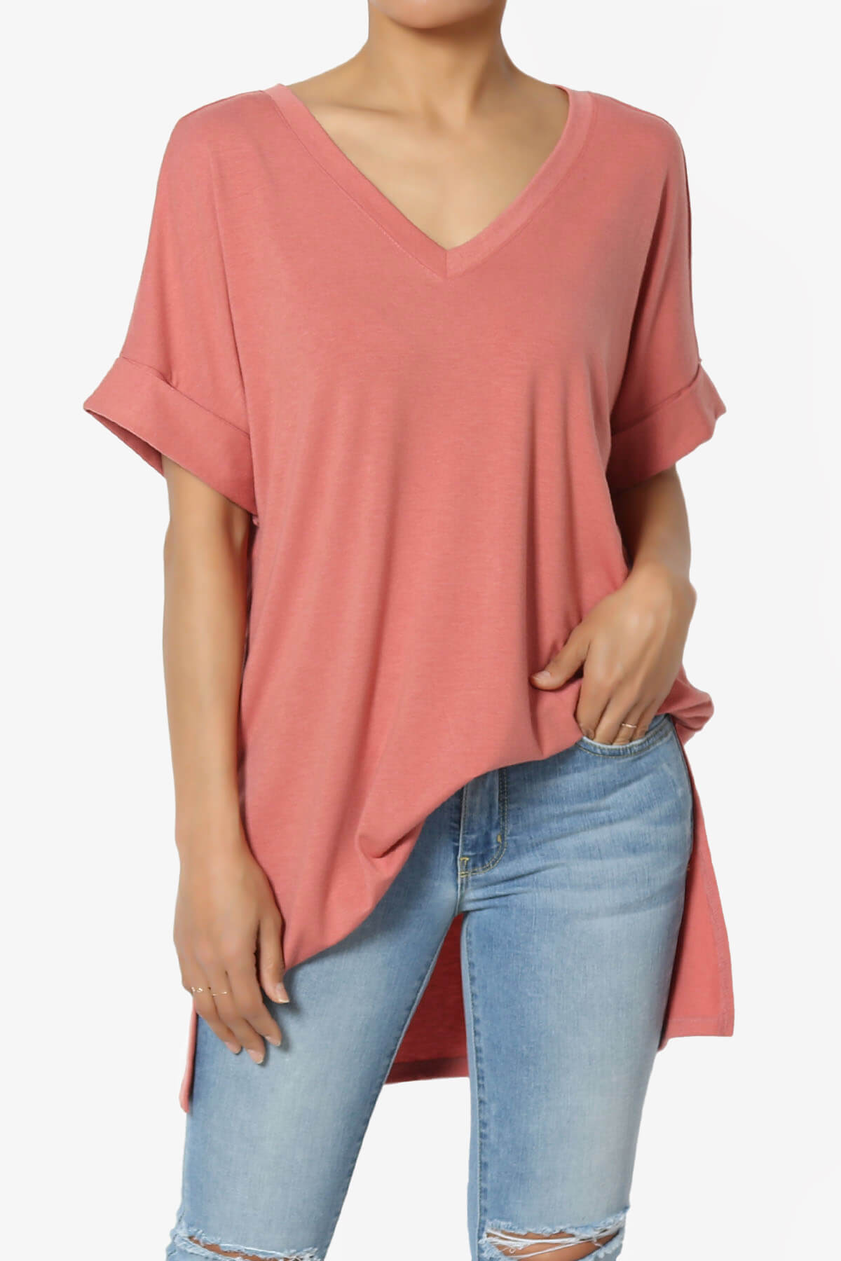 Onella V-Neck Rolled Short Sleeve Top ASH ROSE_1