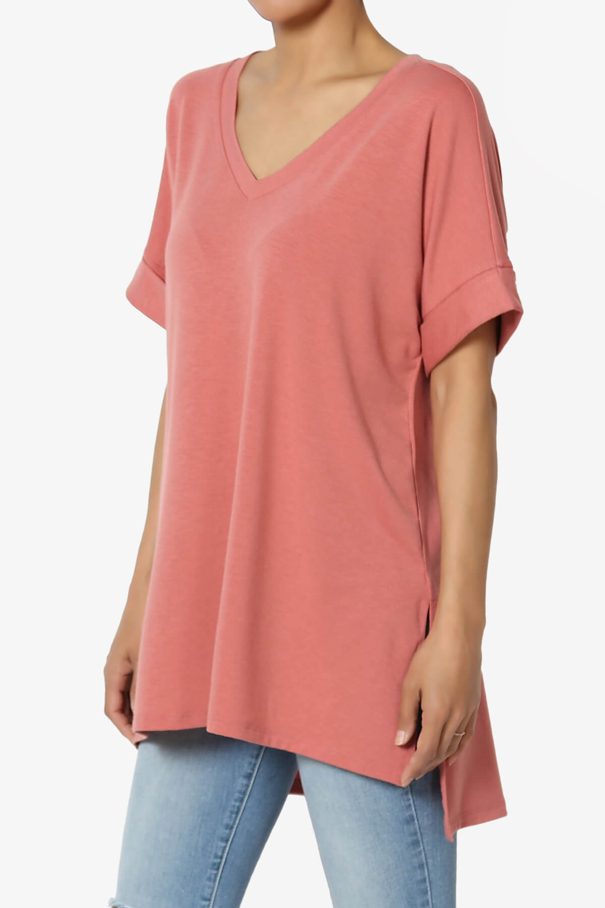 Onella V-Neck Rolled Short Sleeve Top ASH ROSE_3