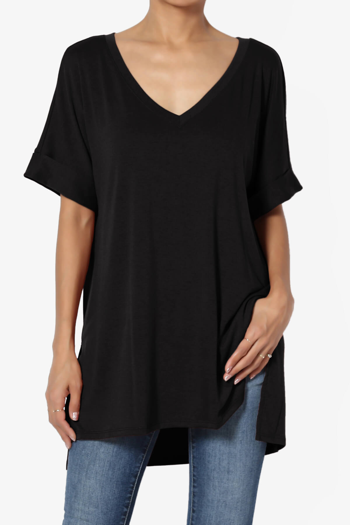 Onella V-Neck Rolled Short Sleeve Top BLACK_1