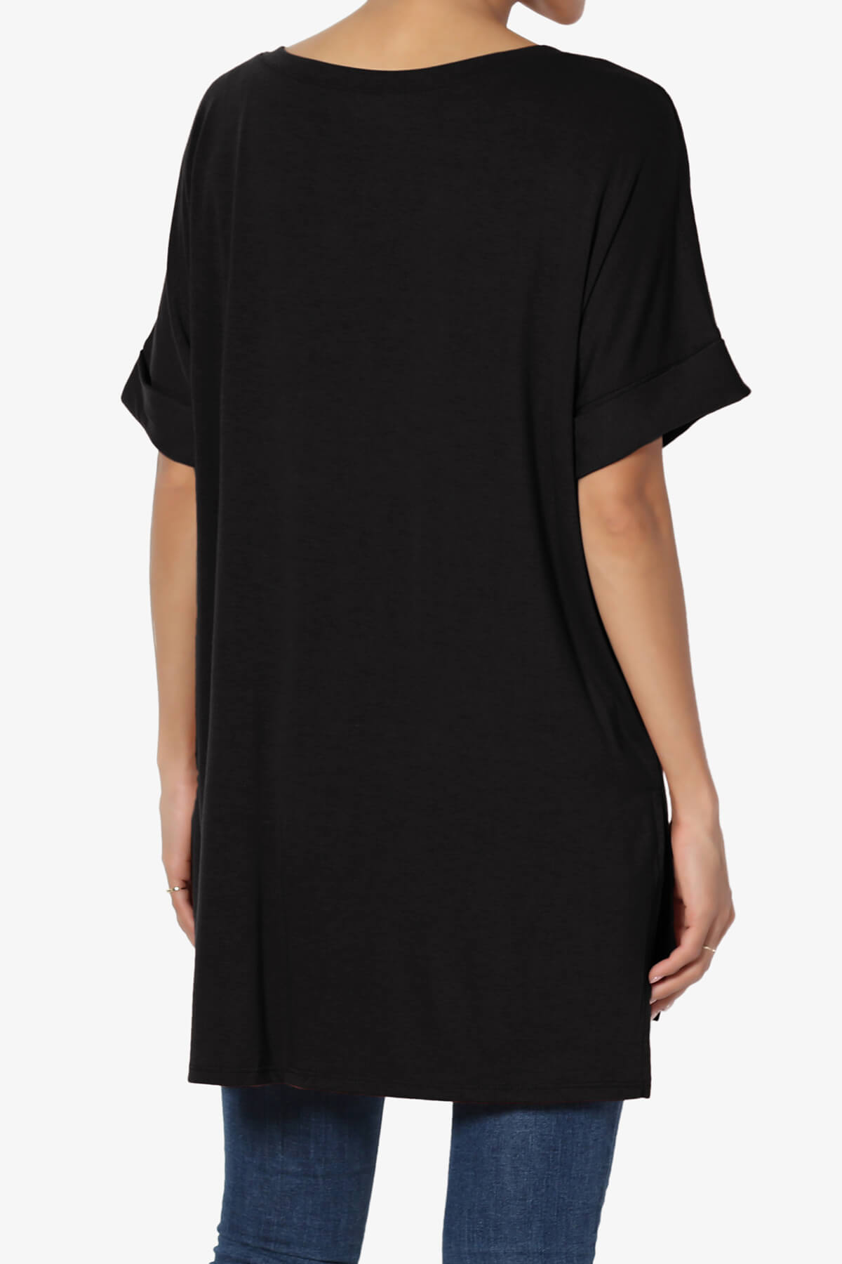 Onella V-Neck Rolled Short Sleeve Top BLACK_2