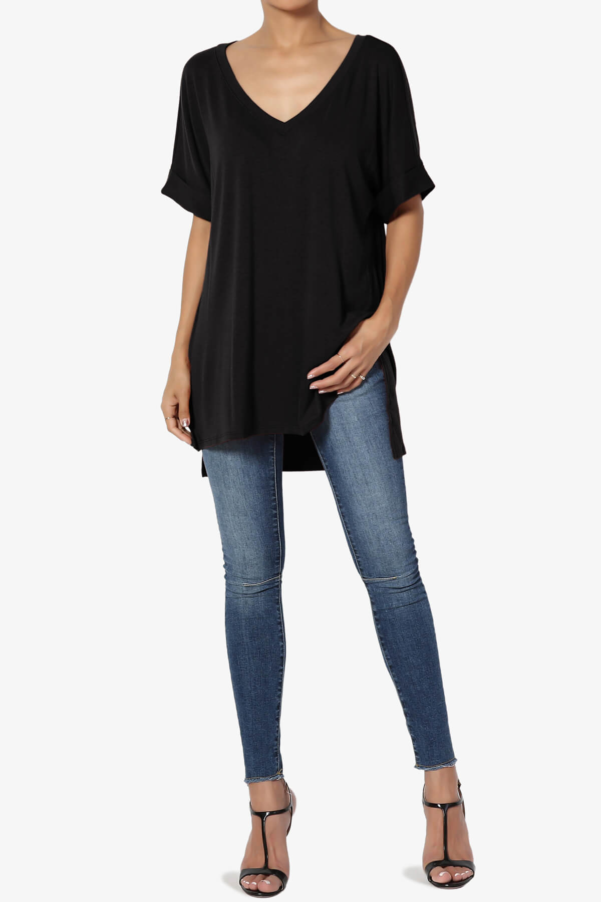 Onella V-Neck Rolled Short Sleeve Top BLACK_6