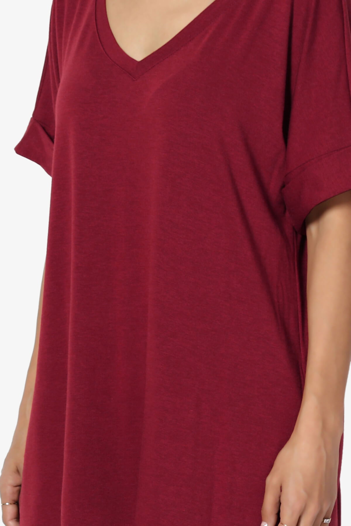Onella V-Neck Rolled Short Sleeve Top BURGUNDY_5