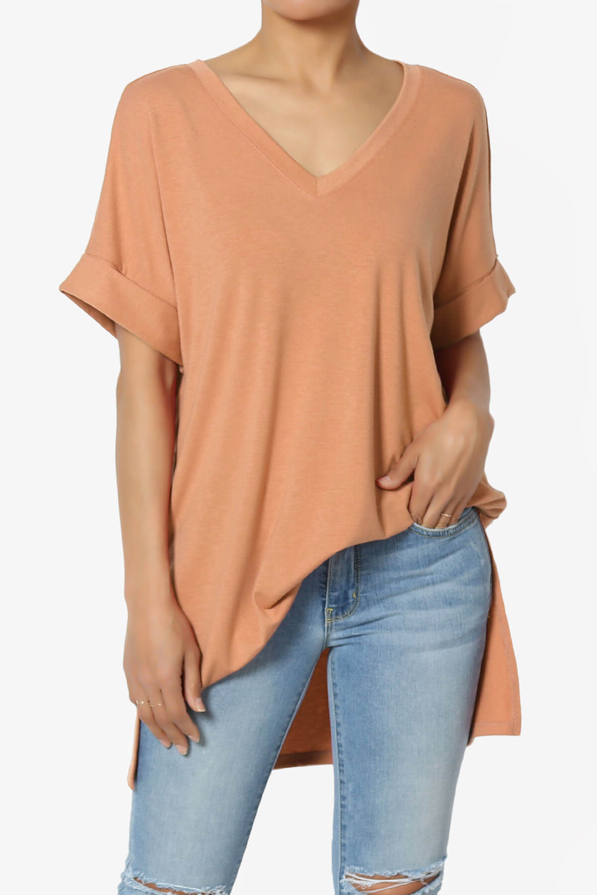 Onella V-Neck Rolled Short Sleeve Top BUTTER ORANGE_1