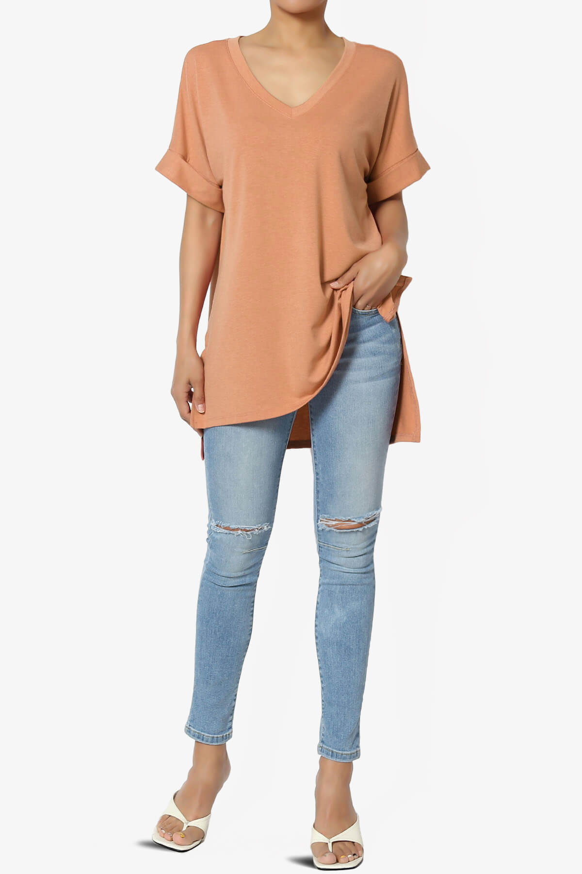 Onella V-Neck Rolled Short Sleeve Top BUTTER ORANGE_6