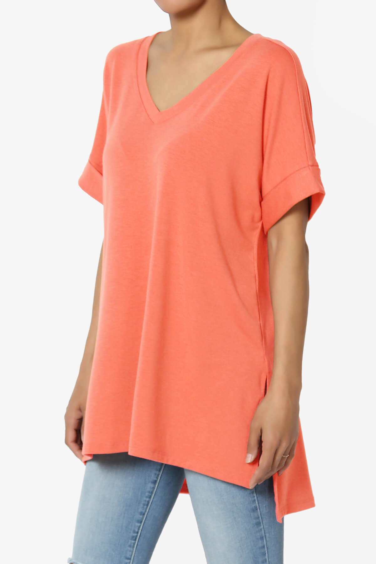 Onella V-Neck Rolled Short Sleeve Top CORAL_3