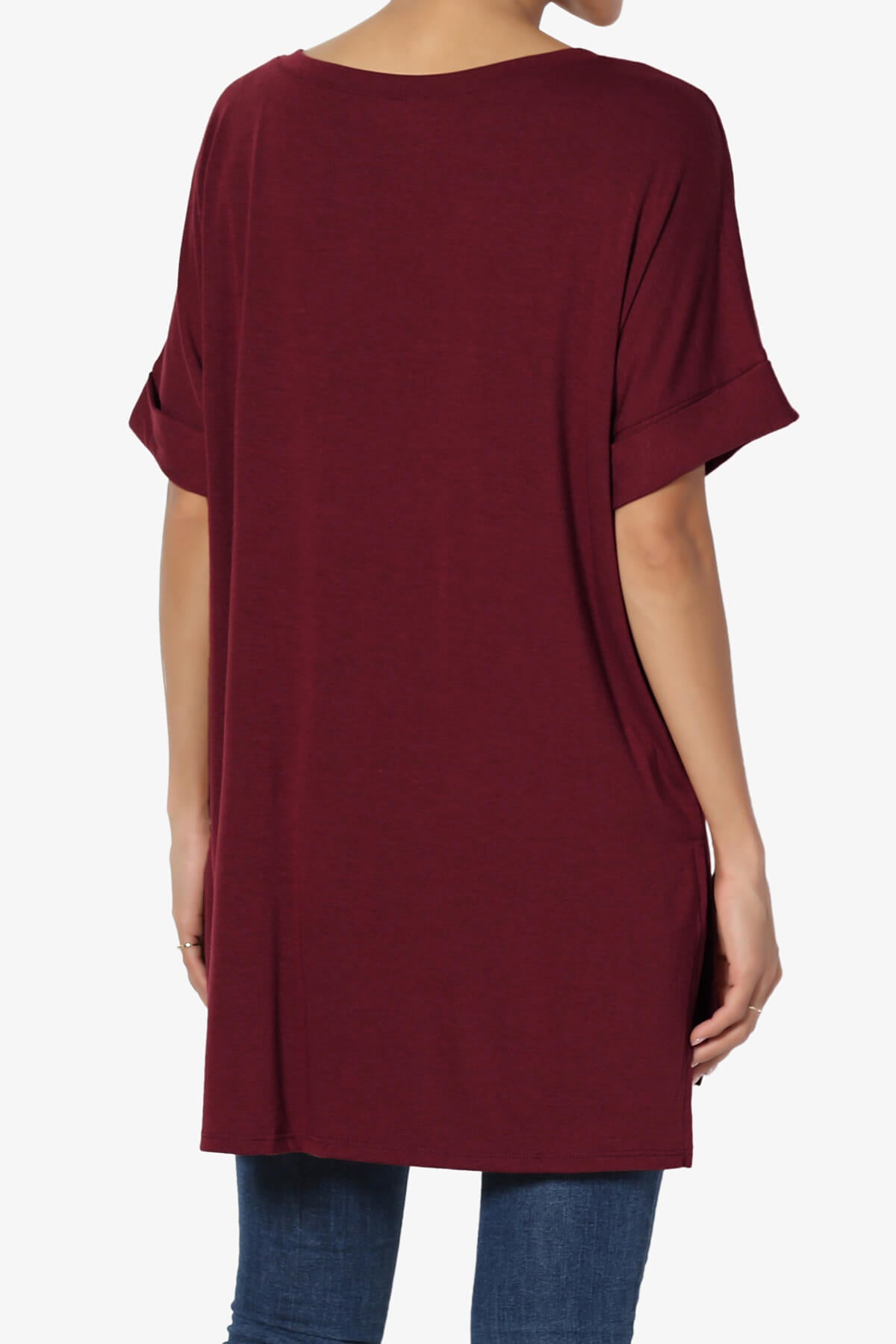 Onella V-Neck Rolled Short Sleeve Top DARK BURGUNDY_2