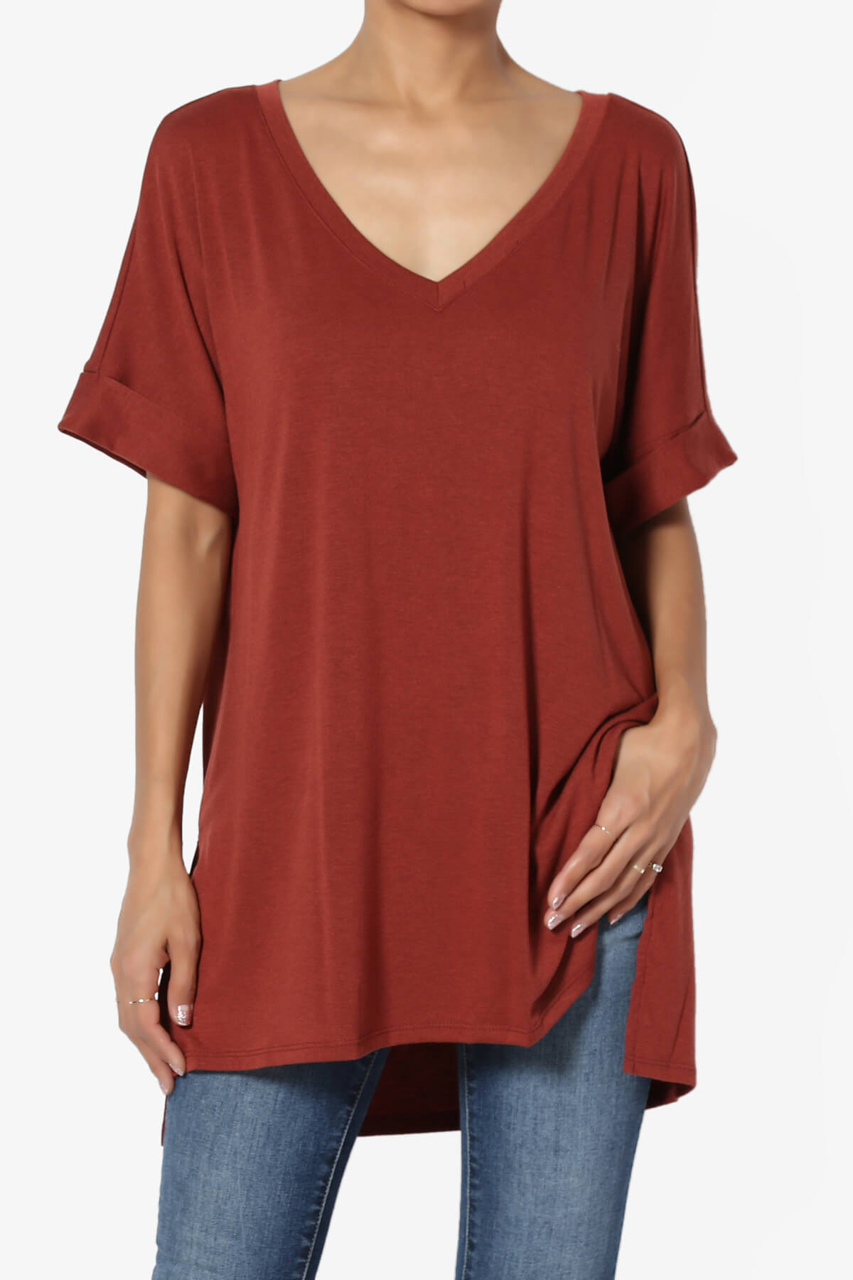 Onella V-Neck Rolled Short Sleeve Top DARK RUST_1