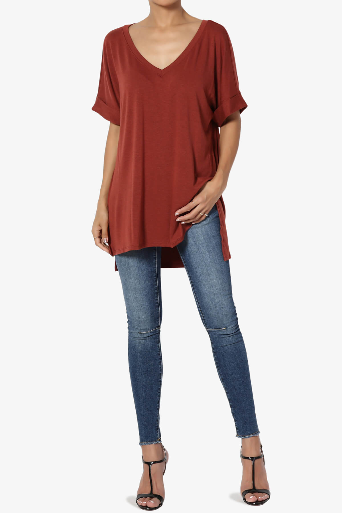 Onella V-Neck Rolled Short Sleeve Top DARK RUST_6