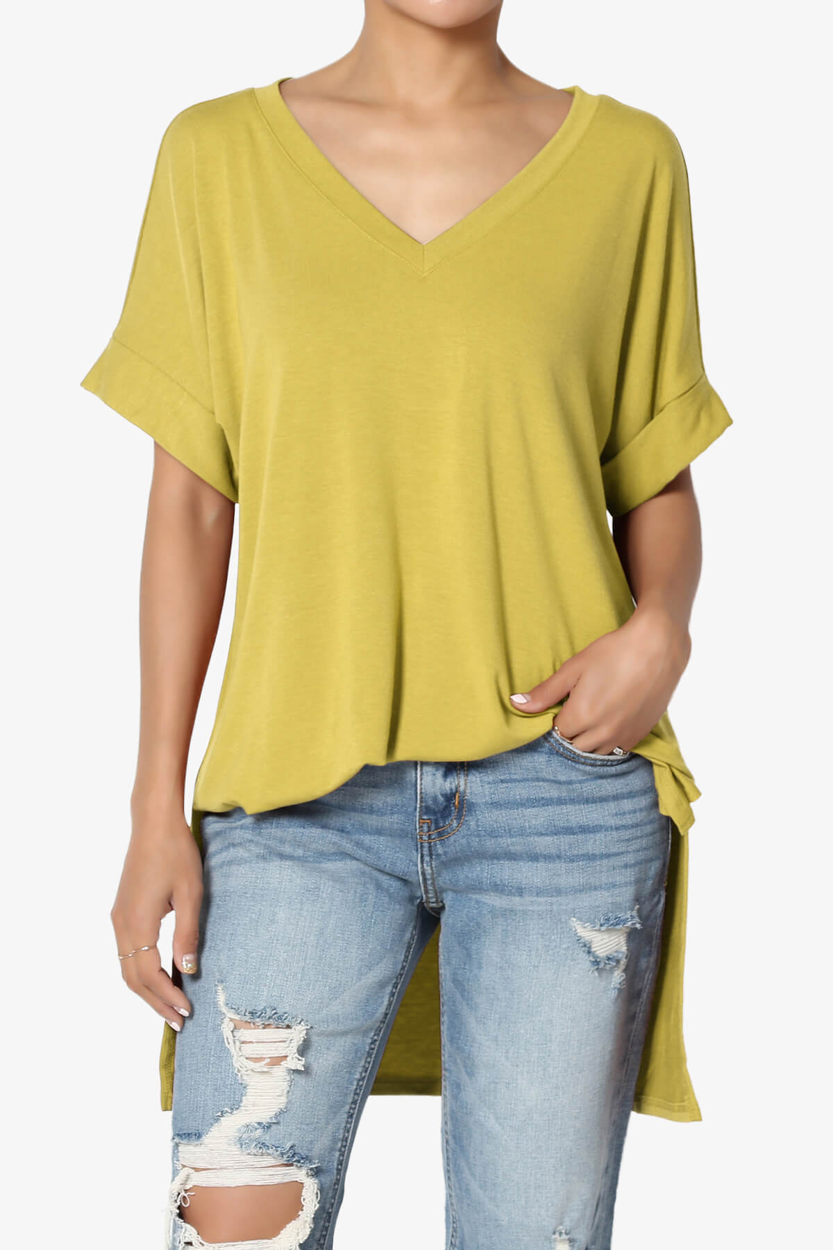 Onella V-Neck Rolled Short Sleeve Top GOLDEN WASABI_1