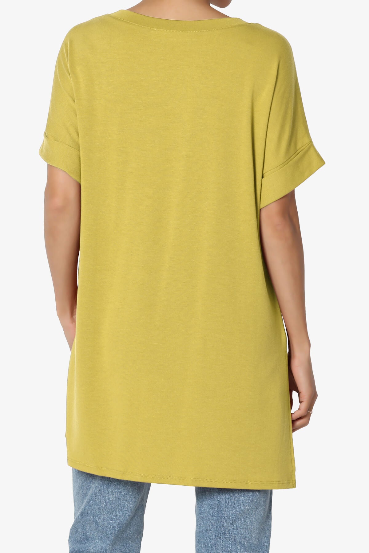 Onella V-Neck Rolled Short Sleeve Top GOLDEN WASABI_2