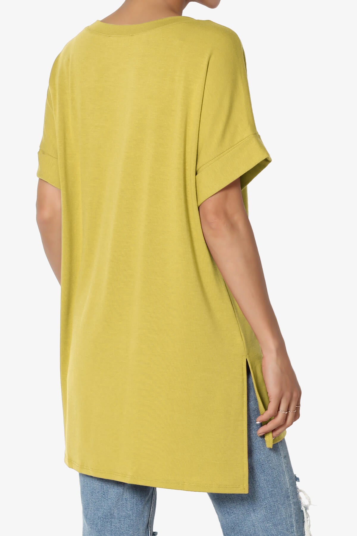 Onella V-Neck Rolled Short Sleeve Top GOLDEN WASABI_4