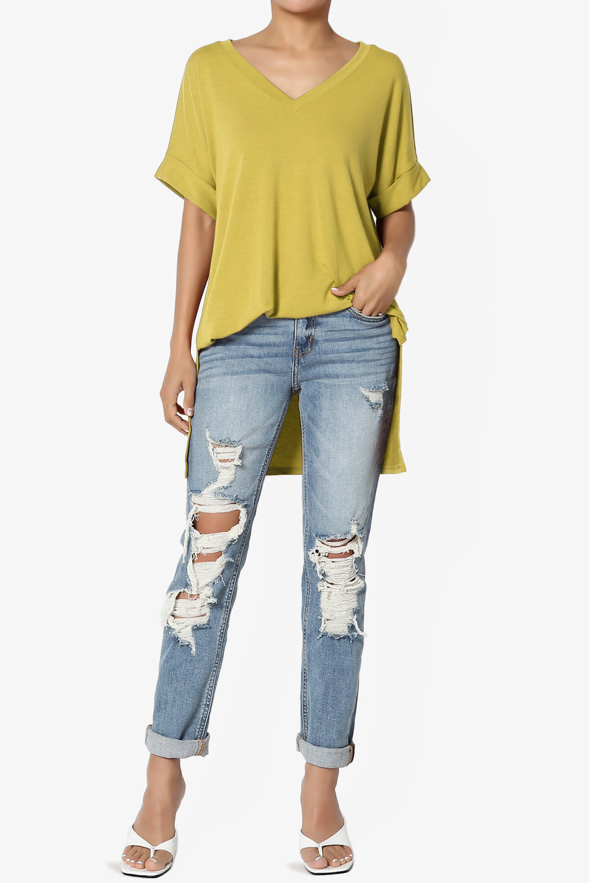 Onella V-Neck Rolled Short Sleeve Top GOLDEN WASABI_6