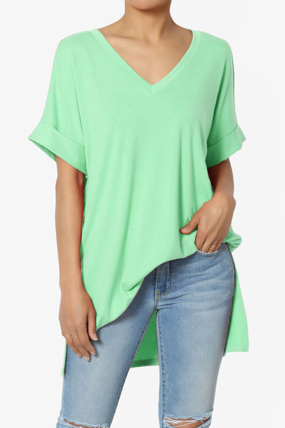 Onella V-Neck Rolled Short Sleeve Top GREEN MINT_1