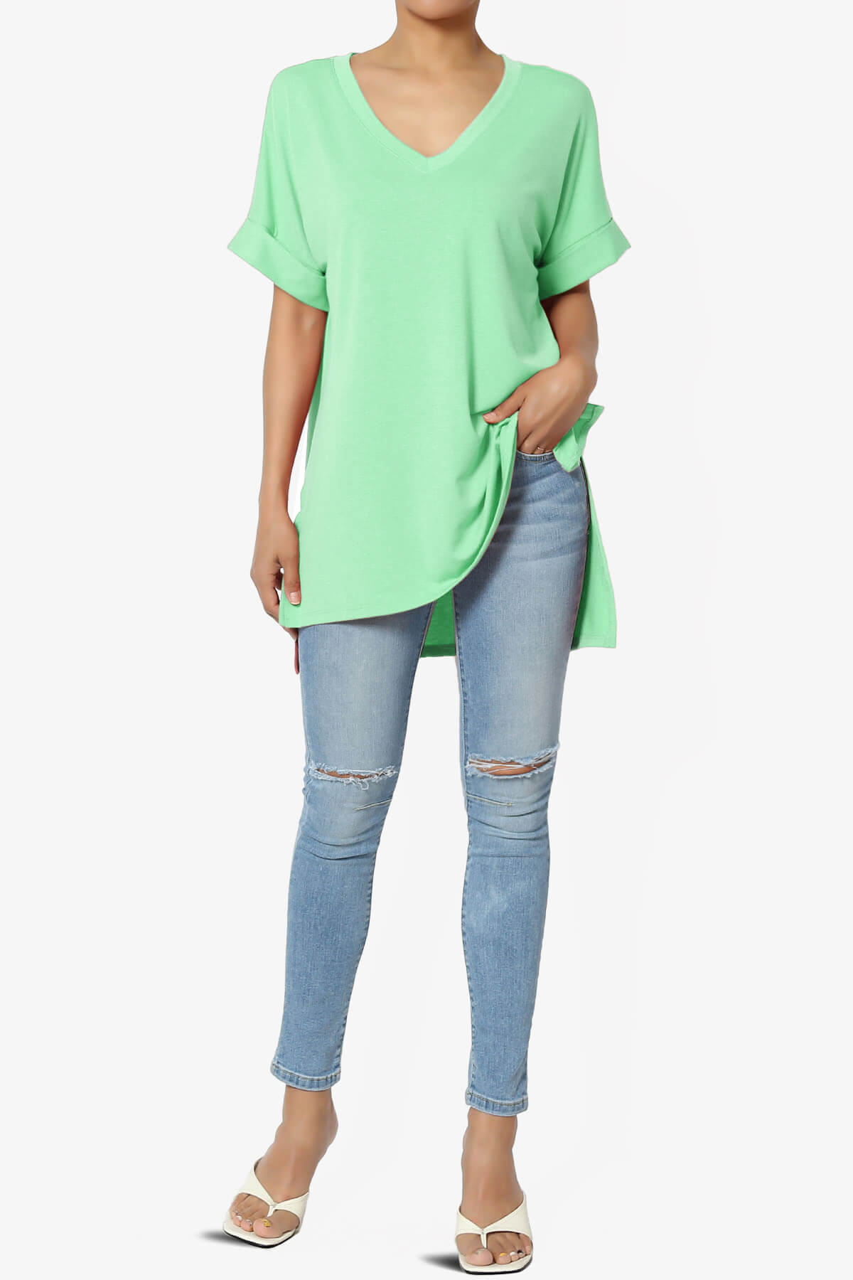 Onella V-Neck Rolled Short Sleeve Top GREEN MINT_6