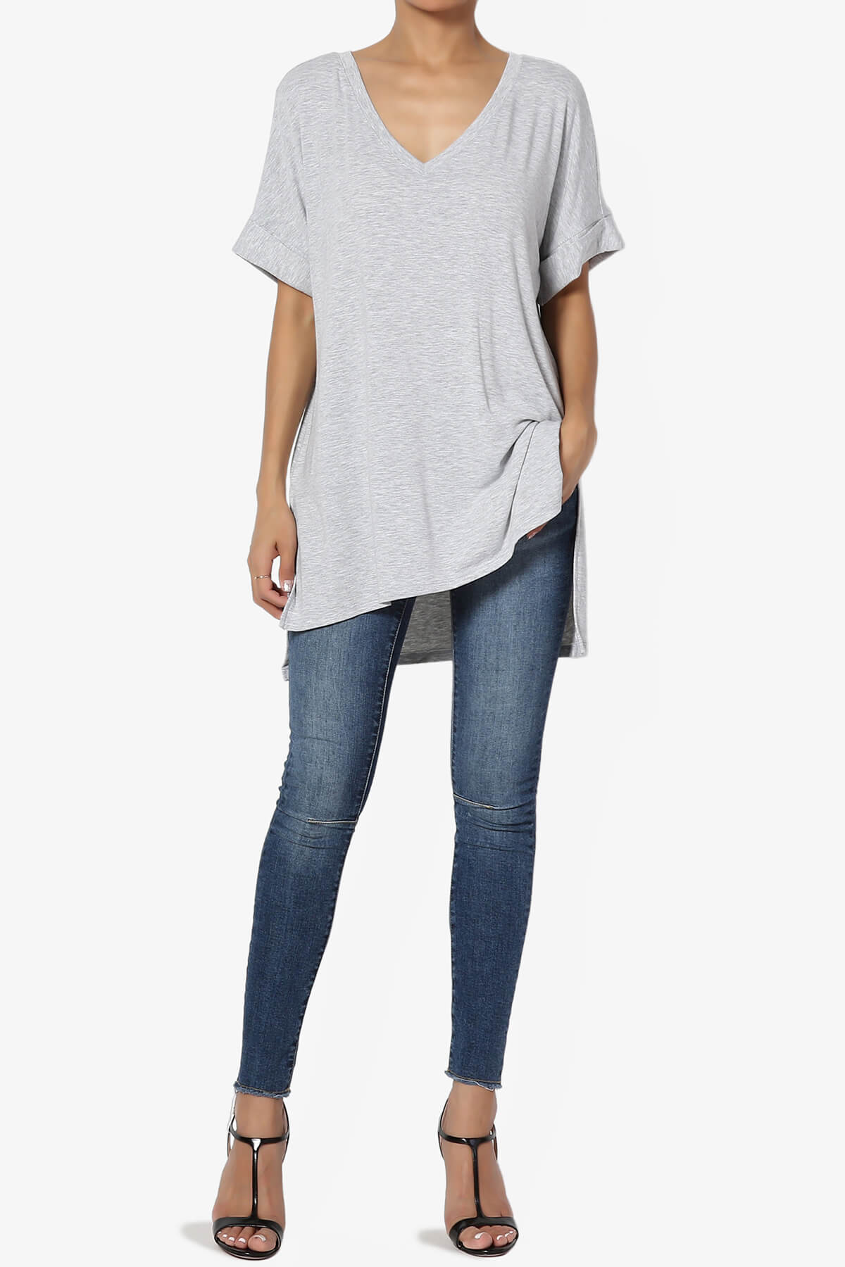 Onella V-Neck Rolled Short Sleeve Top HEATHER GREY_6