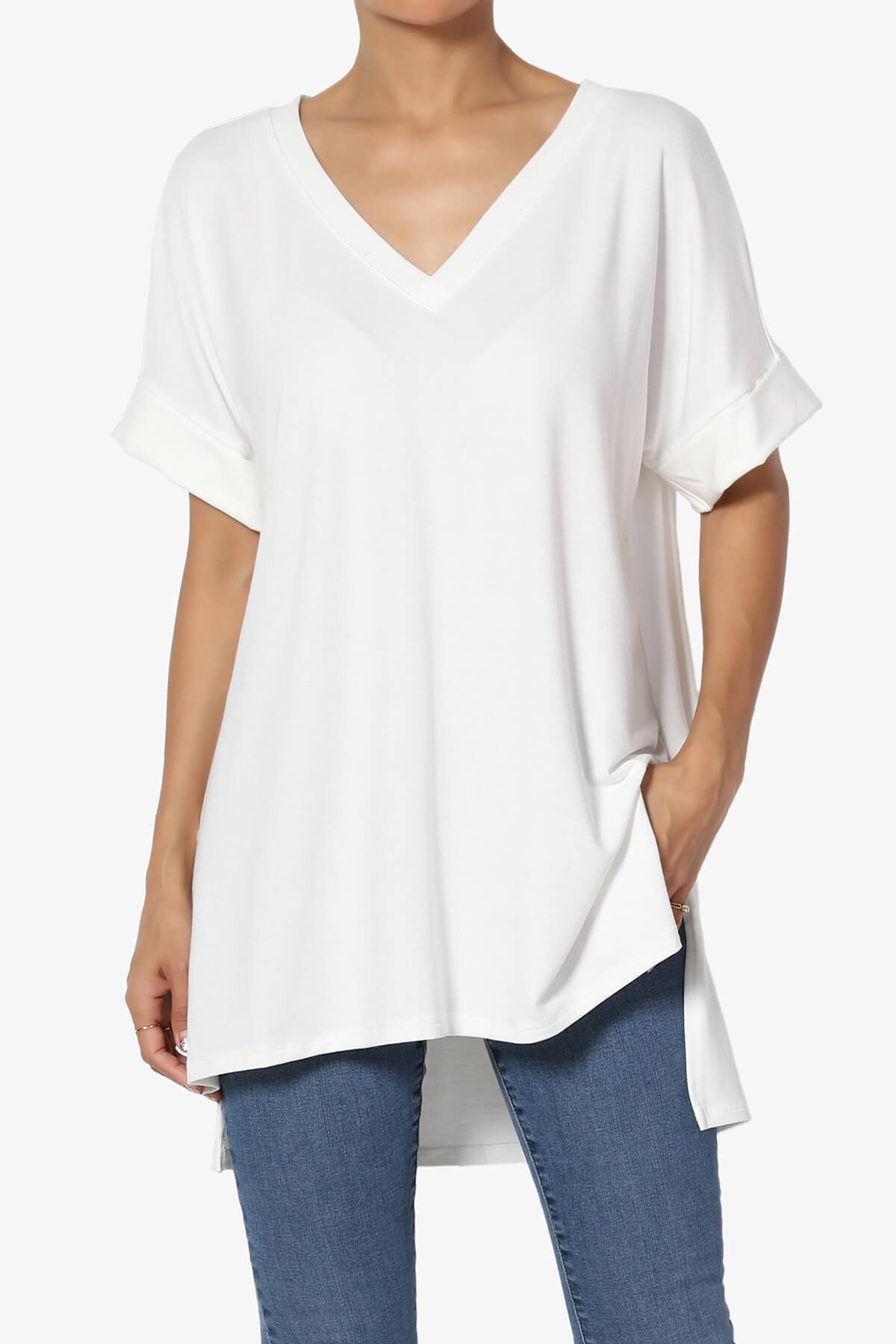 Onella V-Neck Rolled Short Sleeve Top IVORY_1