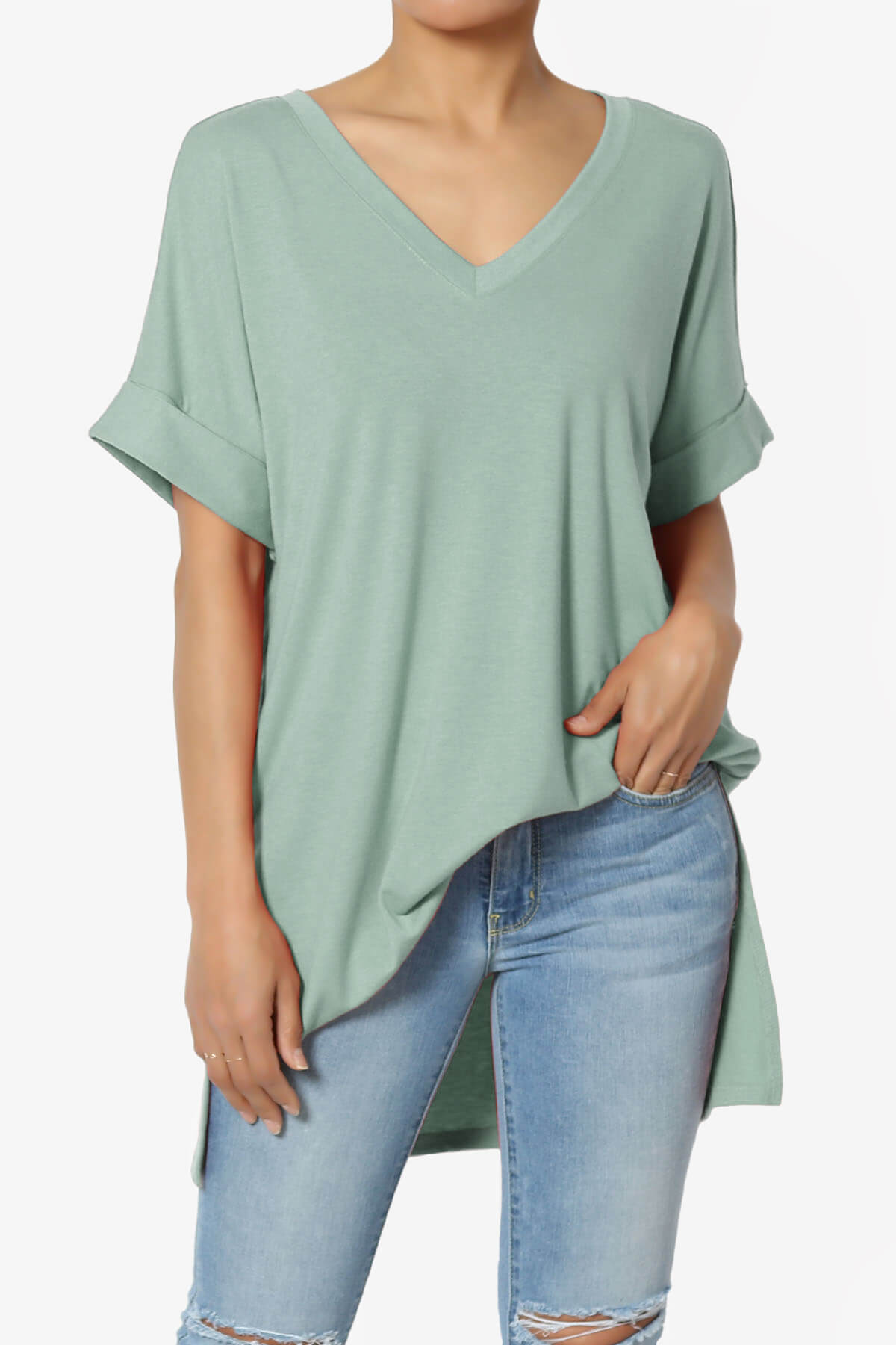 Onella V-Neck Rolled Short Sleeve Top LIGHT GREEN_1