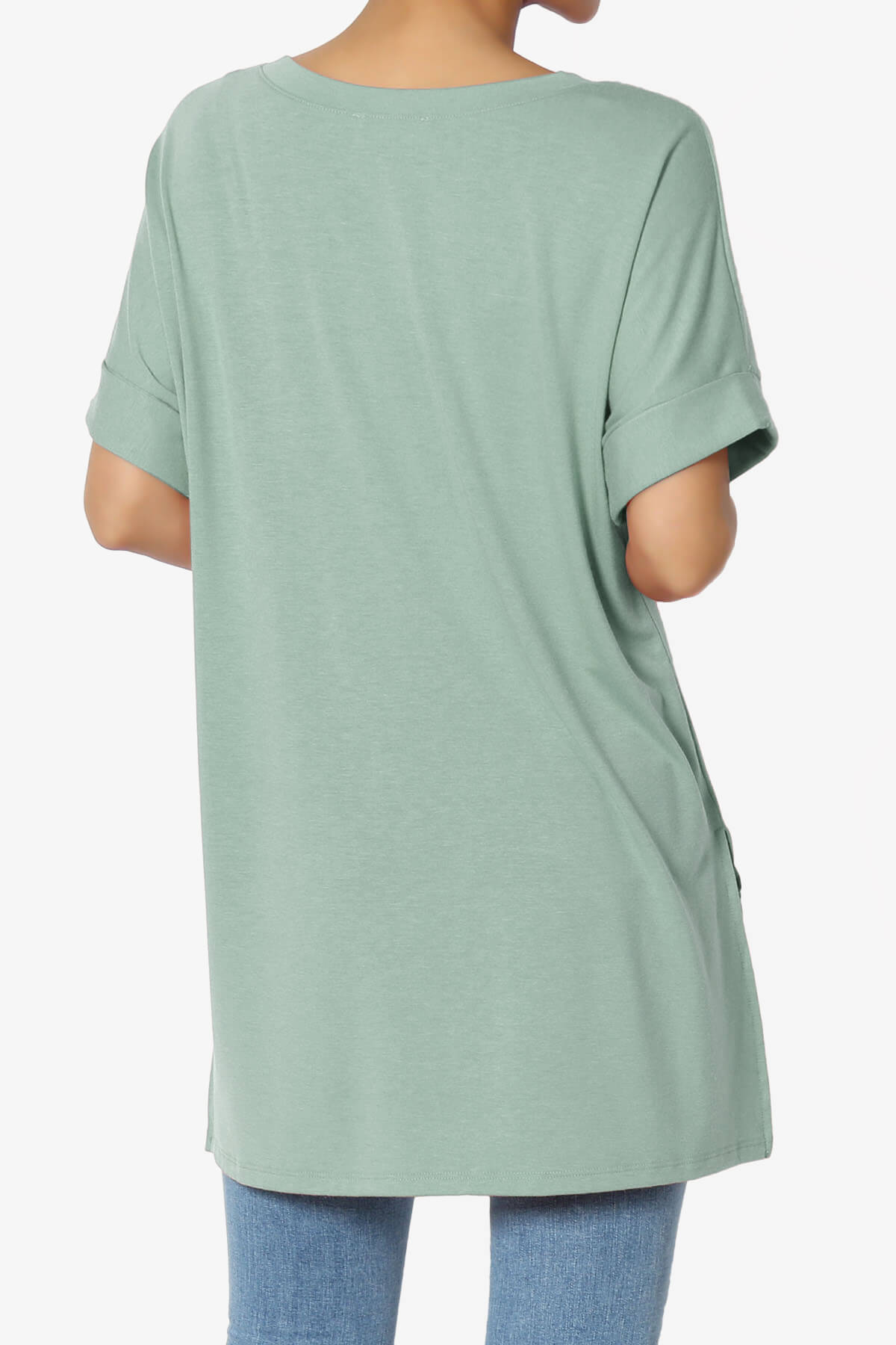 Onella V-Neck Rolled Short Sleeve Top LIGHT GREEN_2
