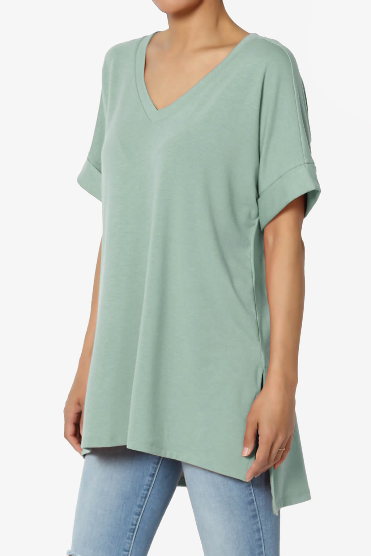 Onella V-Neck Rolled Short Sleeve Top LIGHT GREEN_3