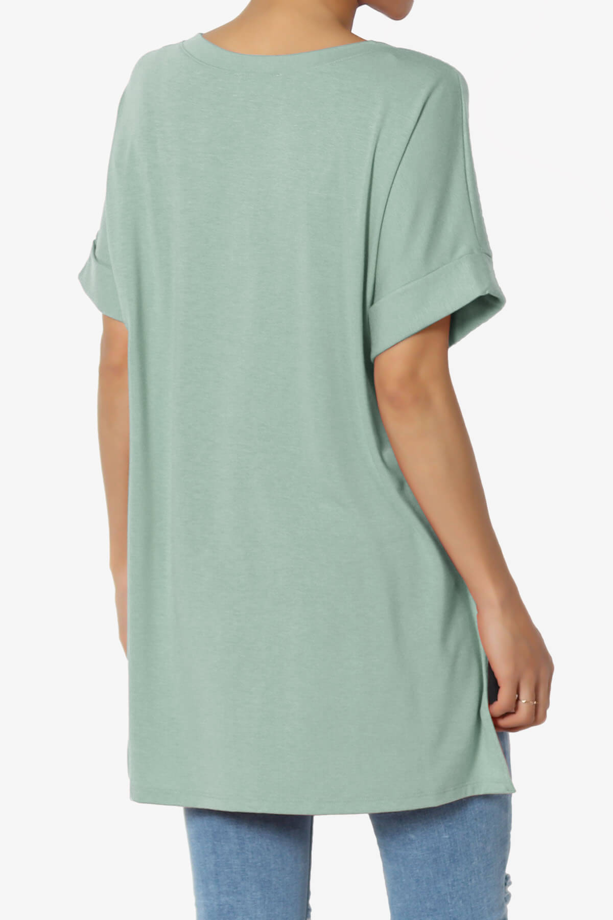 Onella V-Neck Rolled Short Sleeve Top LIGHT GREEN_4