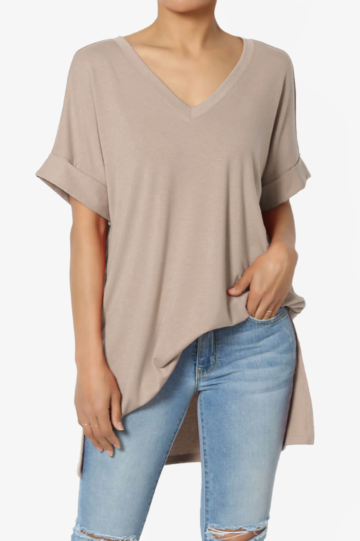 Onella V-Neck Rolled Short Sleeve Top LIGHT MOCHA_1
