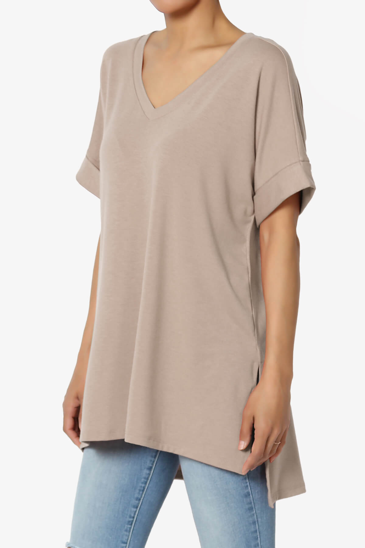 Onella V-Neck Rolled Short Sleeve Top LIGHT MOCHA_3