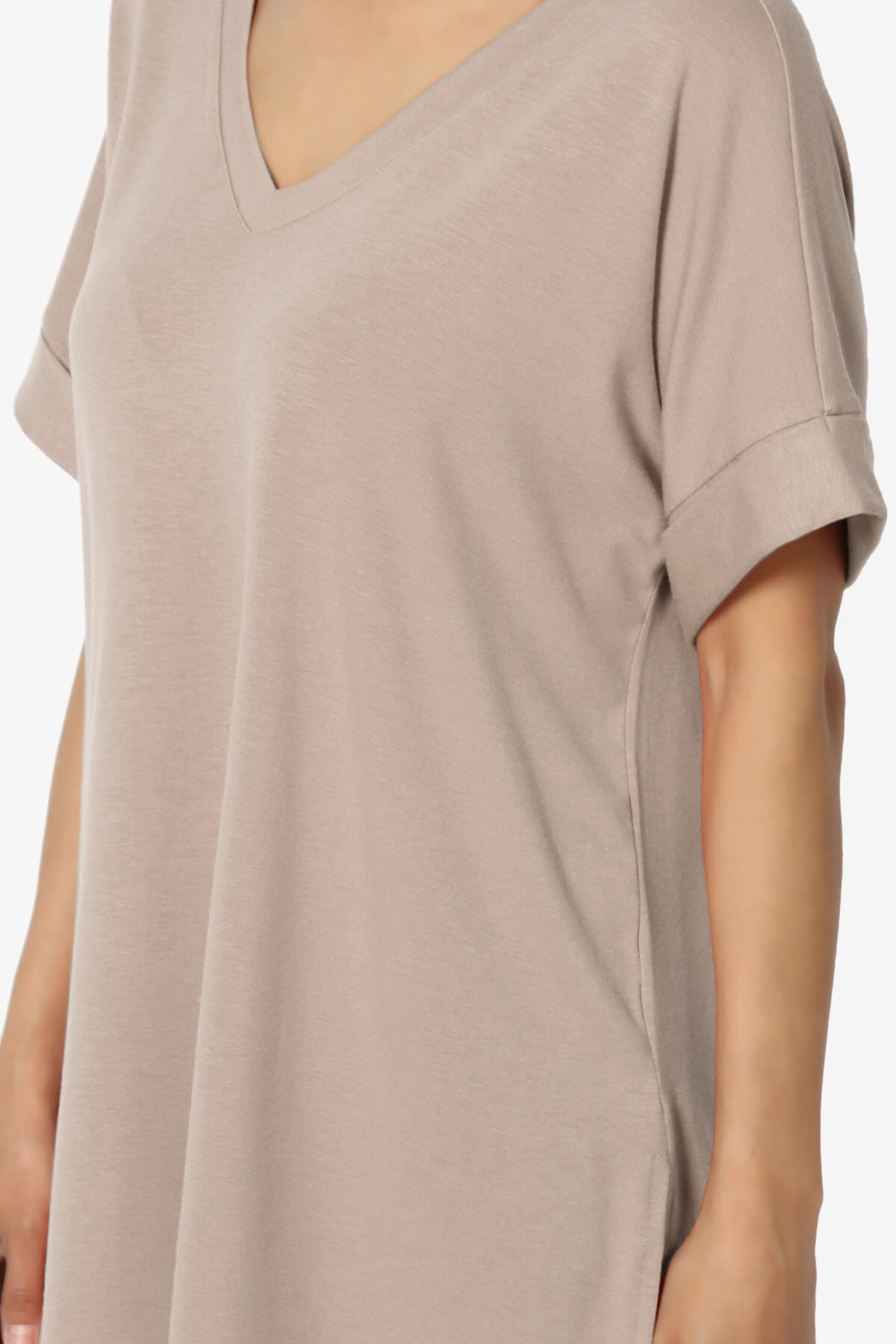 Onella V-Neck Rolled Short Sleeve Top LIGHT MOCHA_5