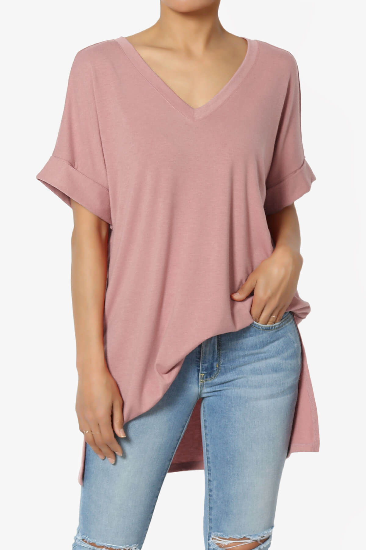Onella V-Neck Rolled Short Sleeve Top LIGHT ROSE_1