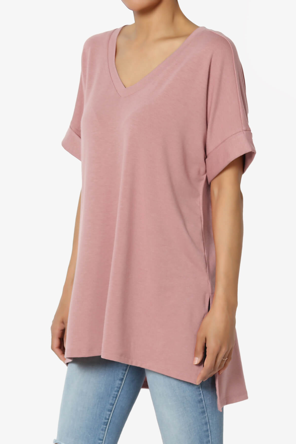 Onella V-Neck Rolled Short Sleeve Top LIGHT ROSE_3
