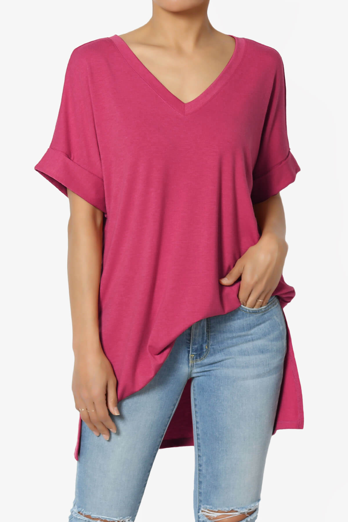 Onella V-Neck Rolled Short Sleeve Top MAGENTA_1