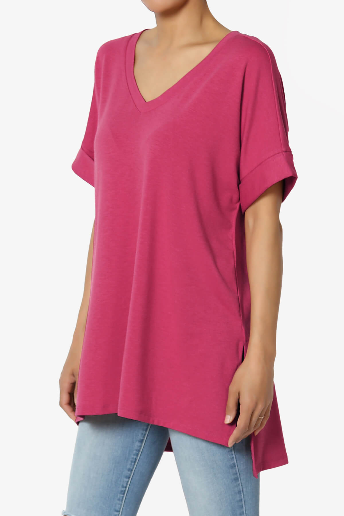 Onella V-Neck Rolled Short Sleeve Top MAGENTA_3
