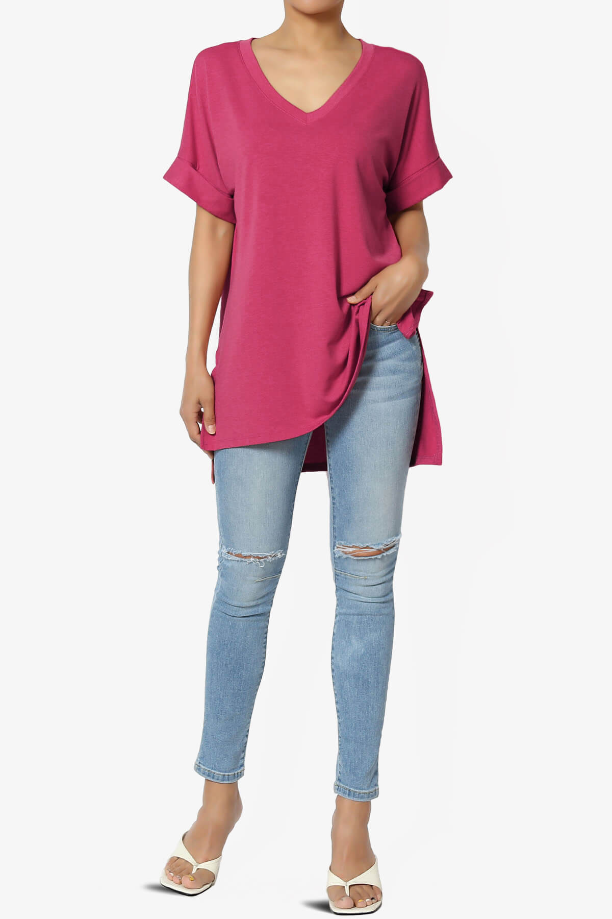 Onella V-Neck Rolled Short Sleeve Top MAGENTA_6