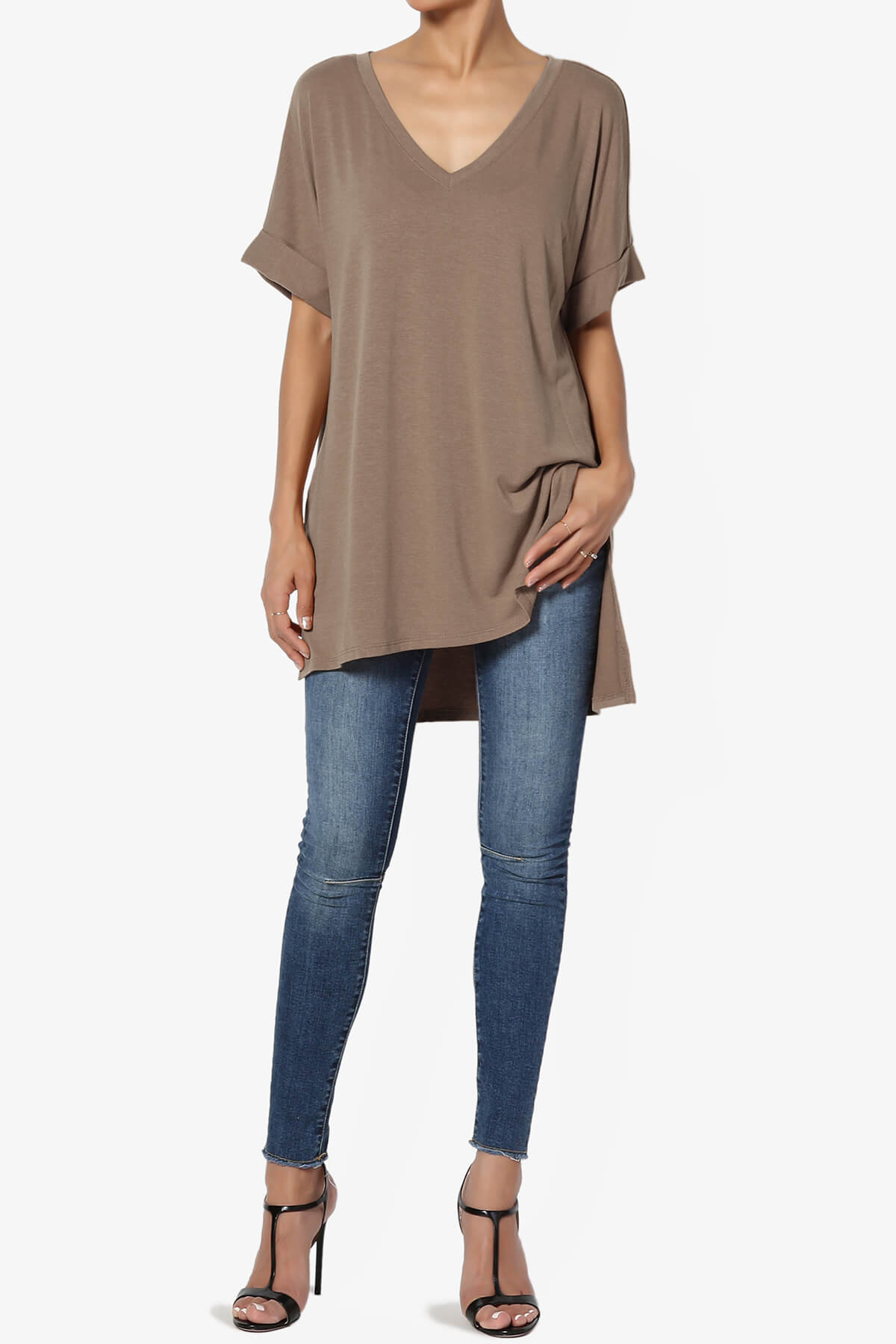 Onella V-Neck Rolled Short Sleeve Top MOCHA_6
