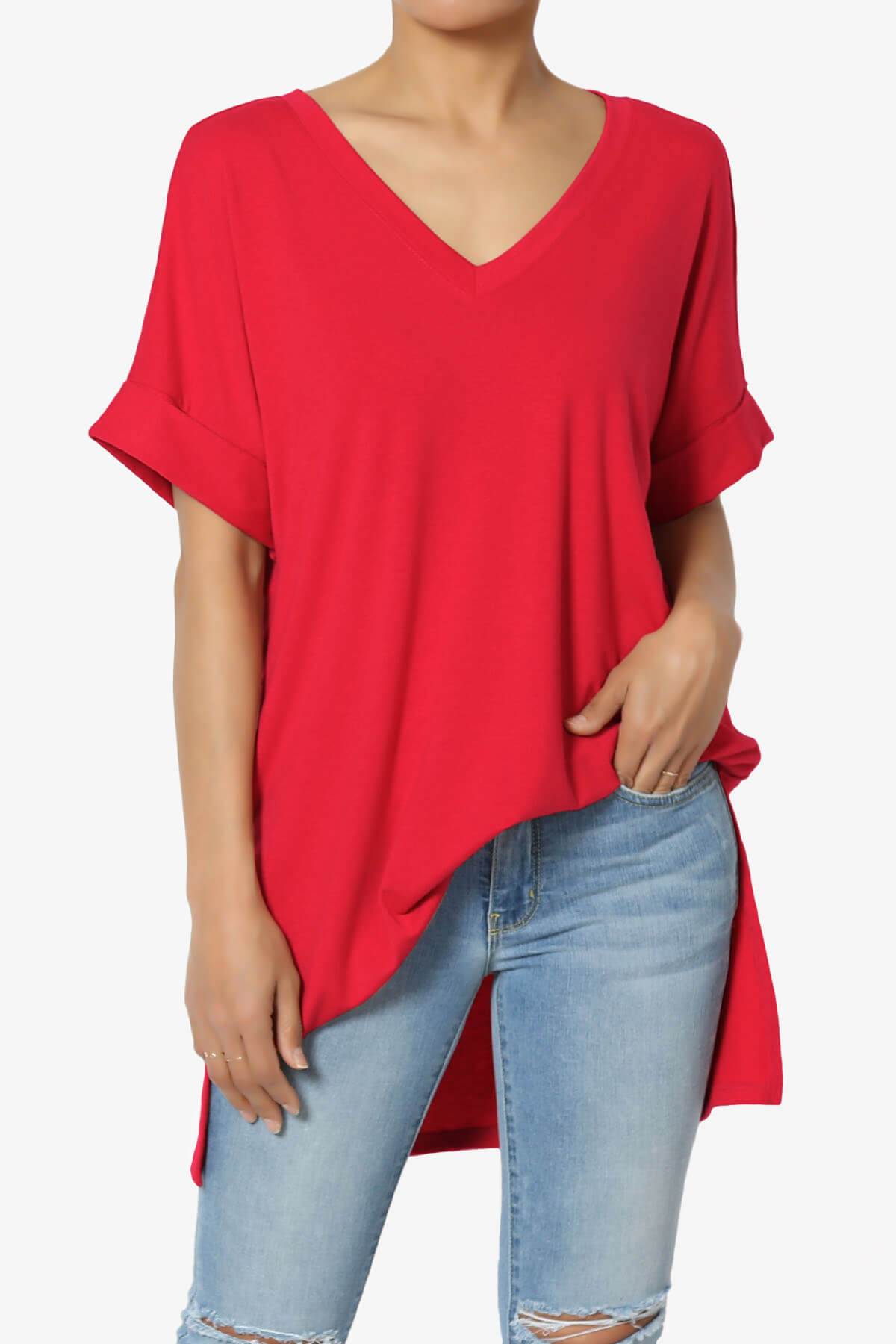 Onella V-Neck Rolled Short Sleeve Top RED_1