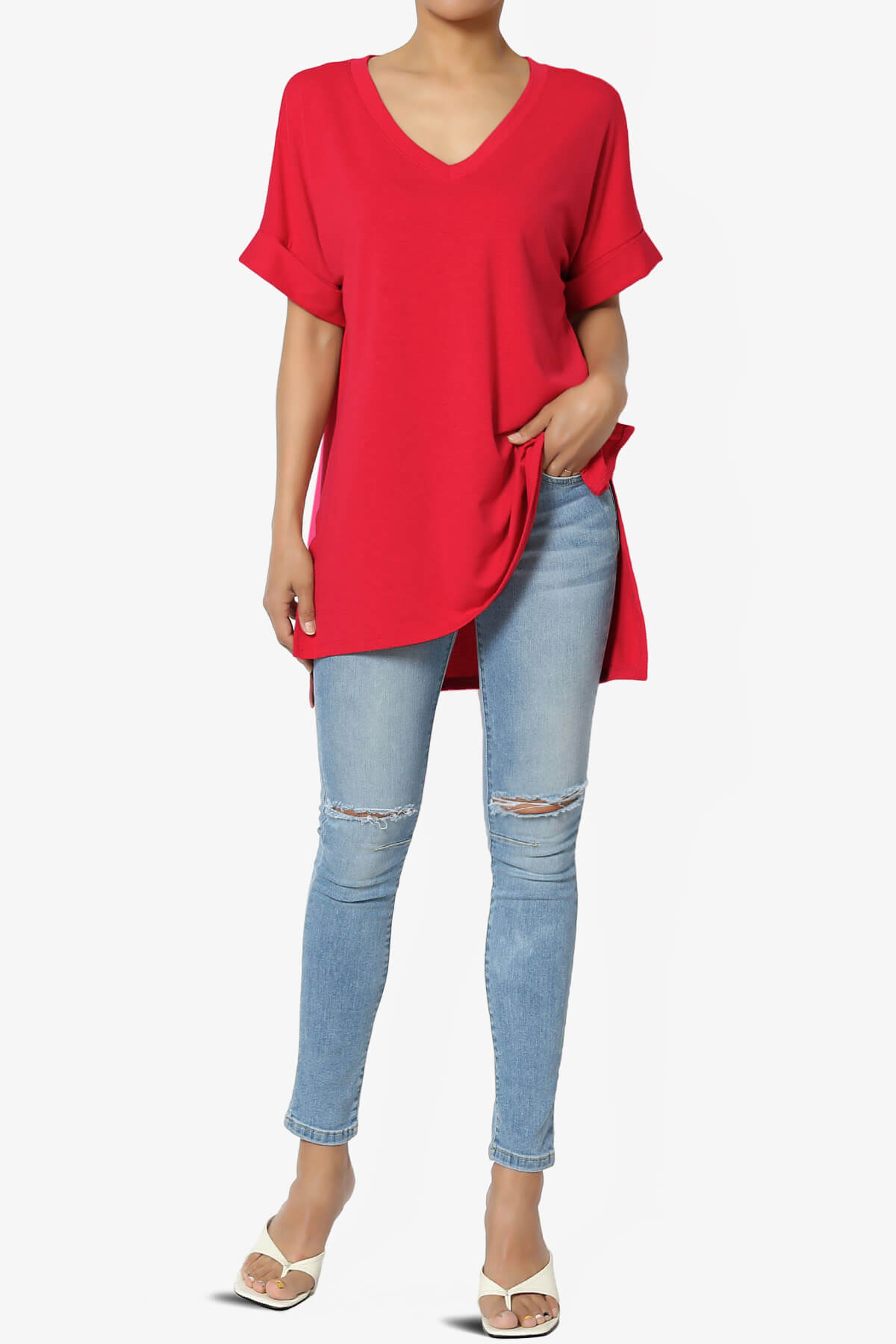 Onella V-Neck Rolled Short Sleeve Top RED_6