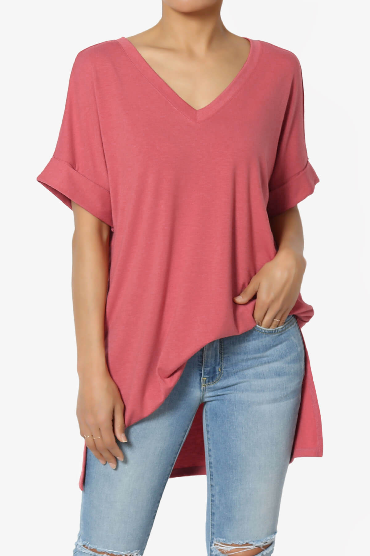 Onella V-Neck Rolled Short Sleeve Top ROSE_1