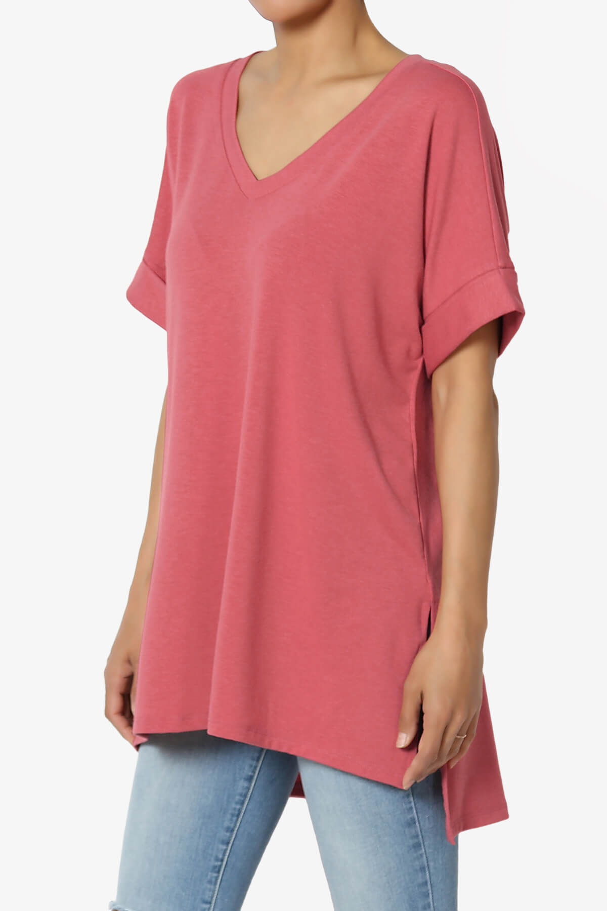 Onella V-Neck Rolled Short Sleeve Top ROSE_3
