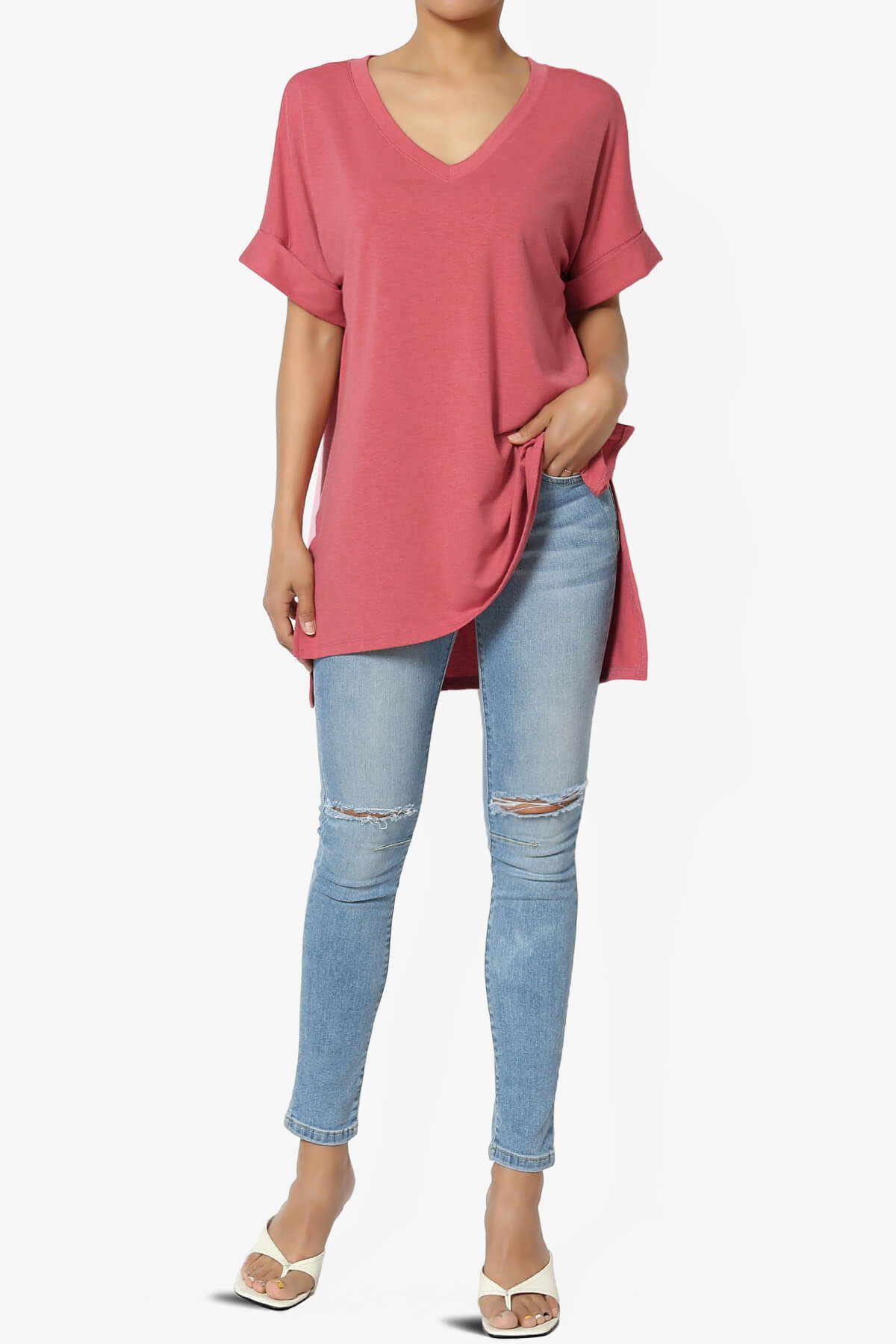 Onella V-Neck Rolled Short Sleeve Top ROSE_6
