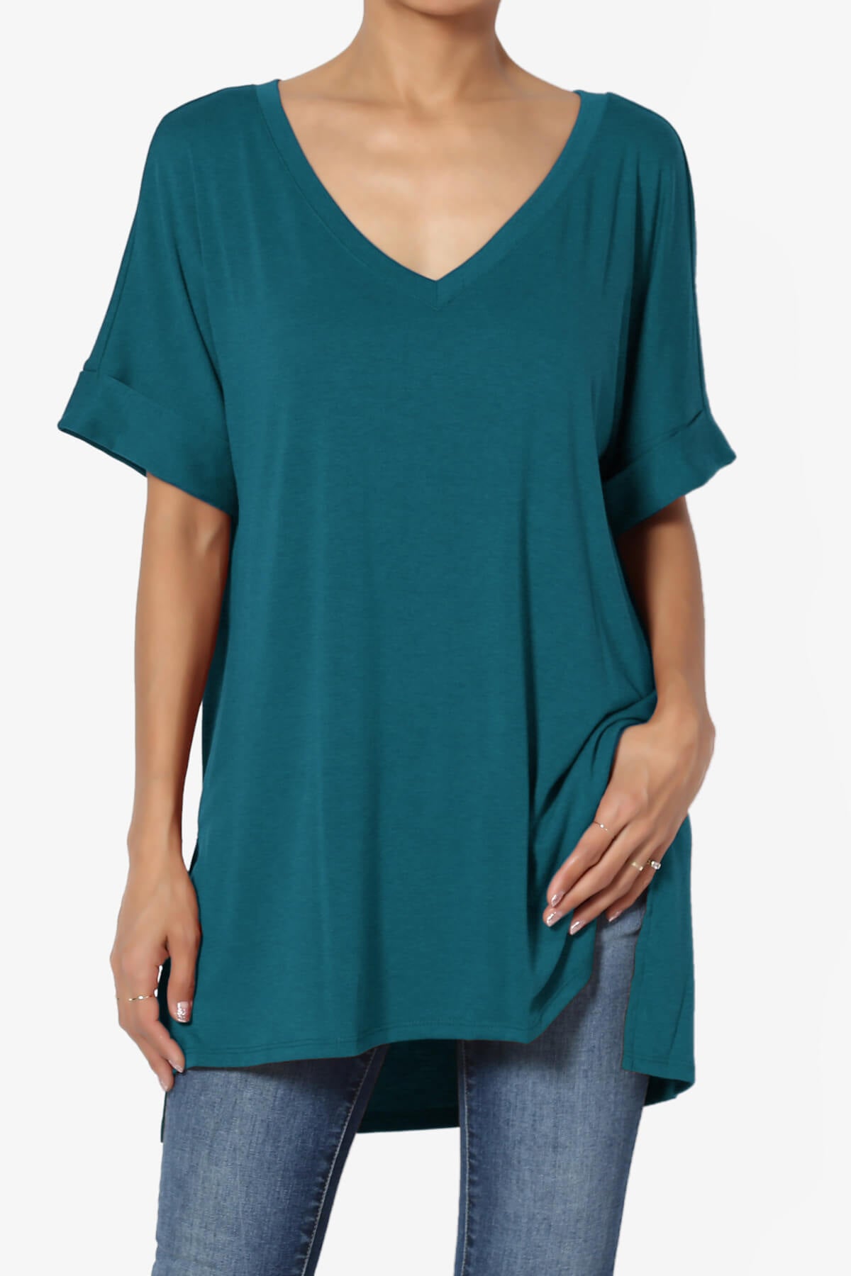 Onella V-Neck Rolled Short Sleeve Top TEAL_1