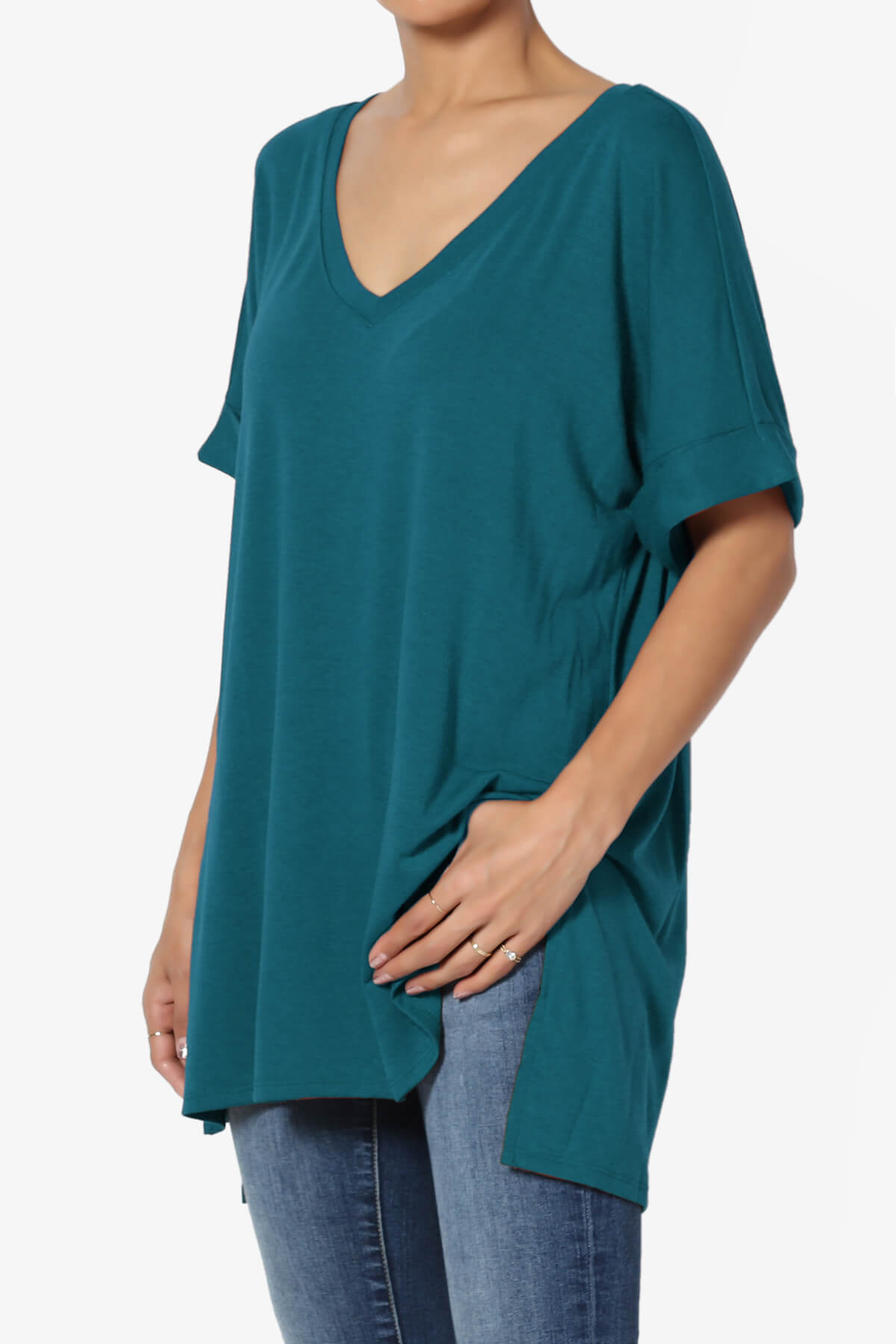 Onella V-Neck Rolled Short Sleeve Top TEAL_3