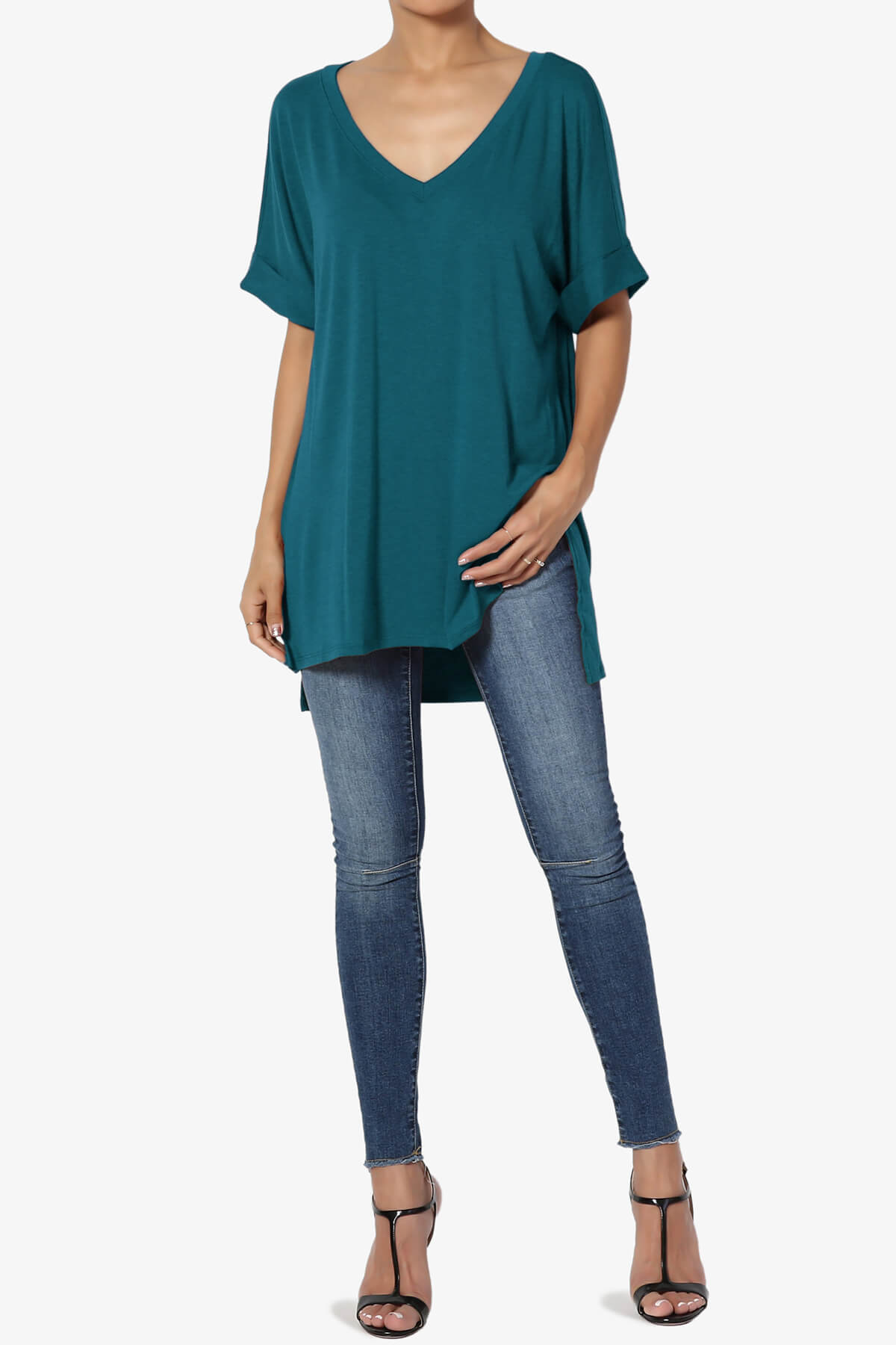 Onella V-Neck Rolled Short Sleeve Top TEAL_6