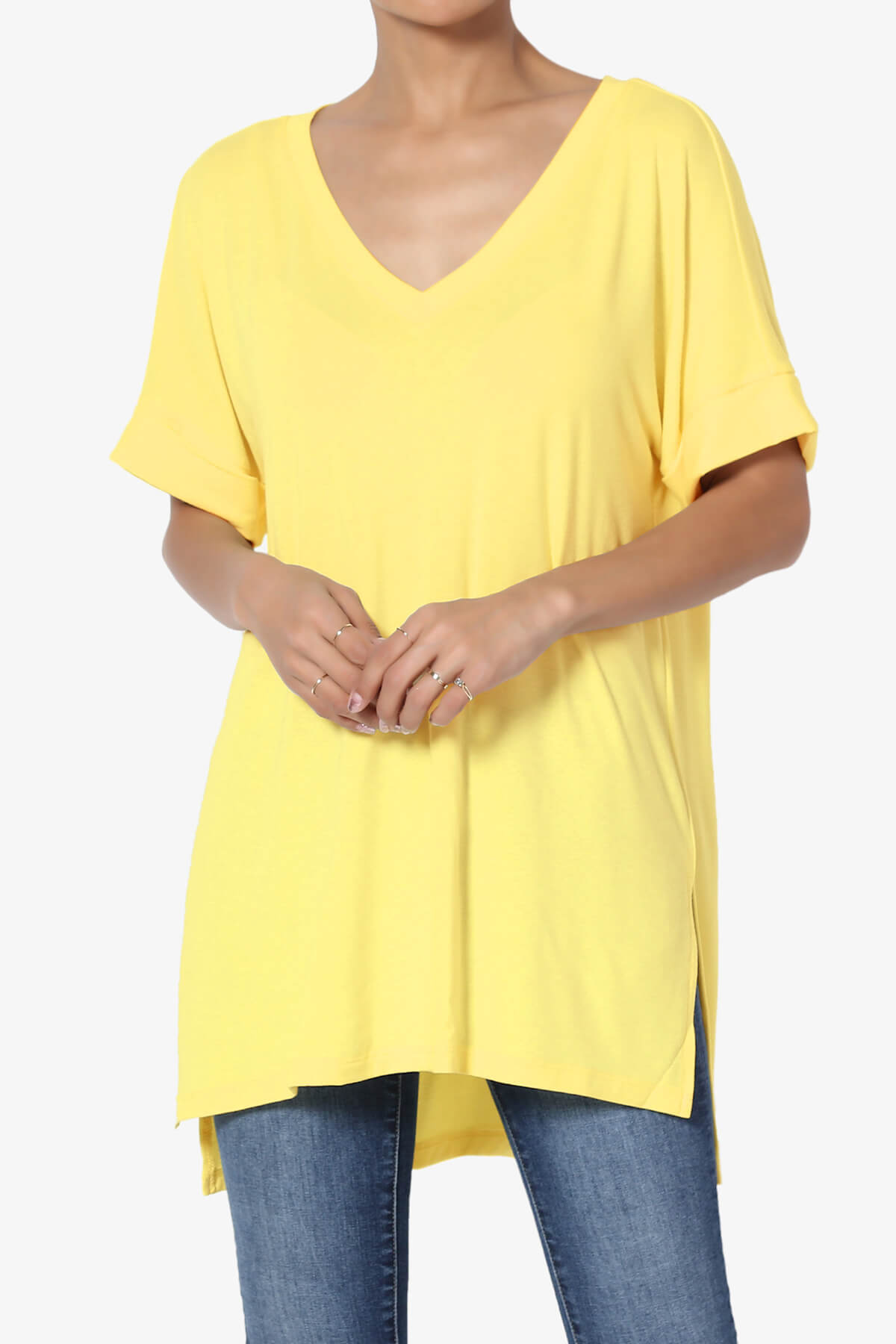 Onella V-Neck Rolled Short Sleeve Top YELLOW_1