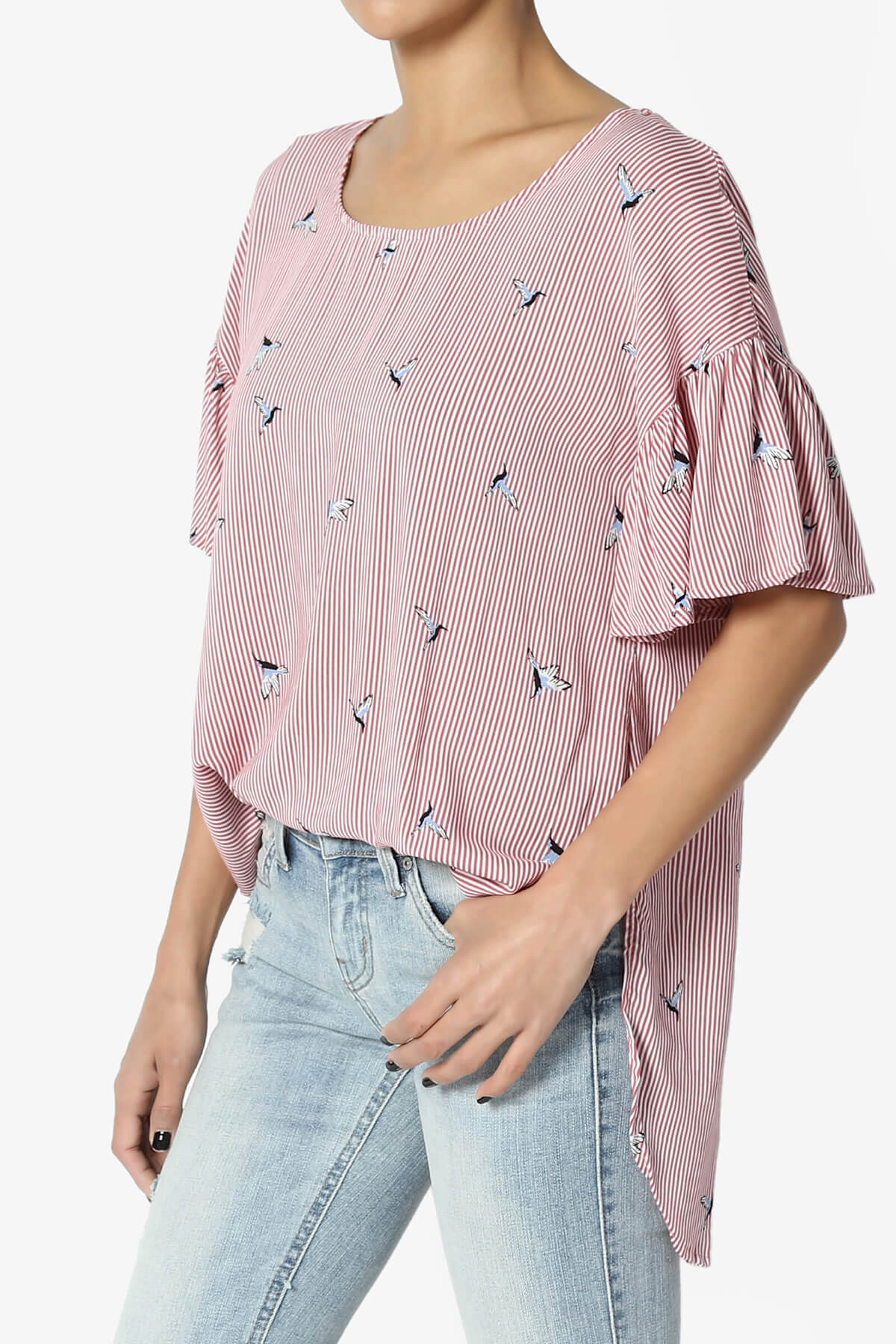 Zuma Striped Ruffle Sleeve Top RED_3