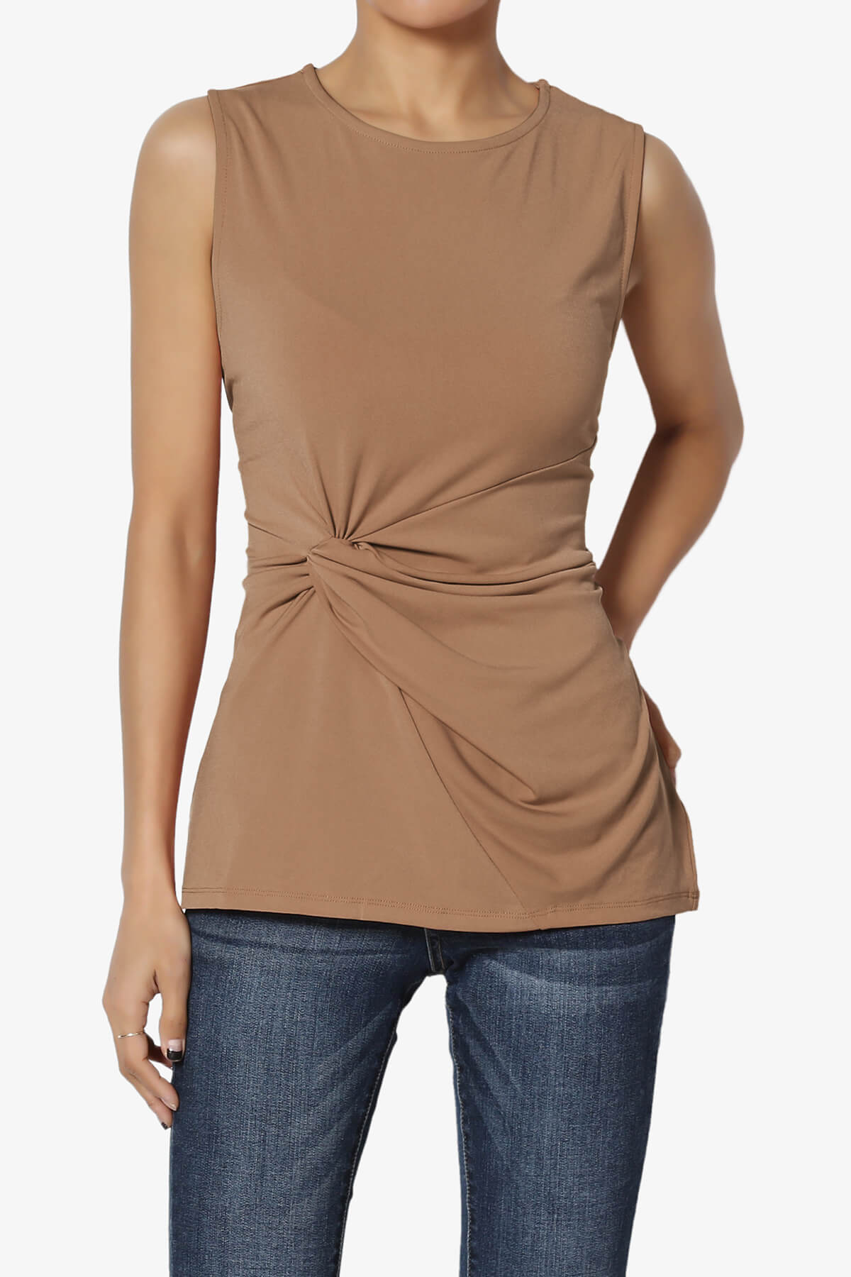 Qutie Knot Front Tank Top DEEP CAMEL_1