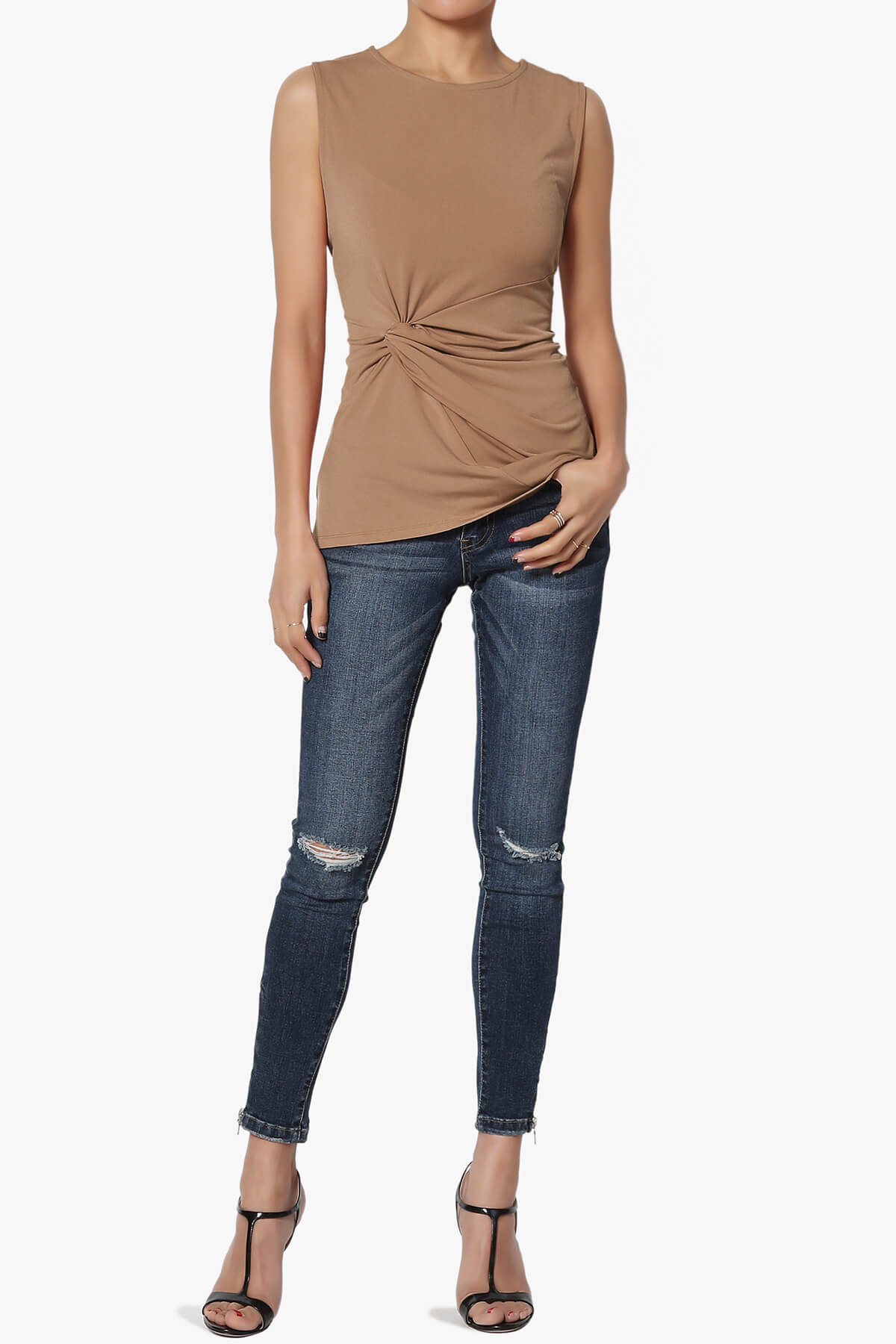 Qutie Knot Front Tank Top DEEP CAMEL_6