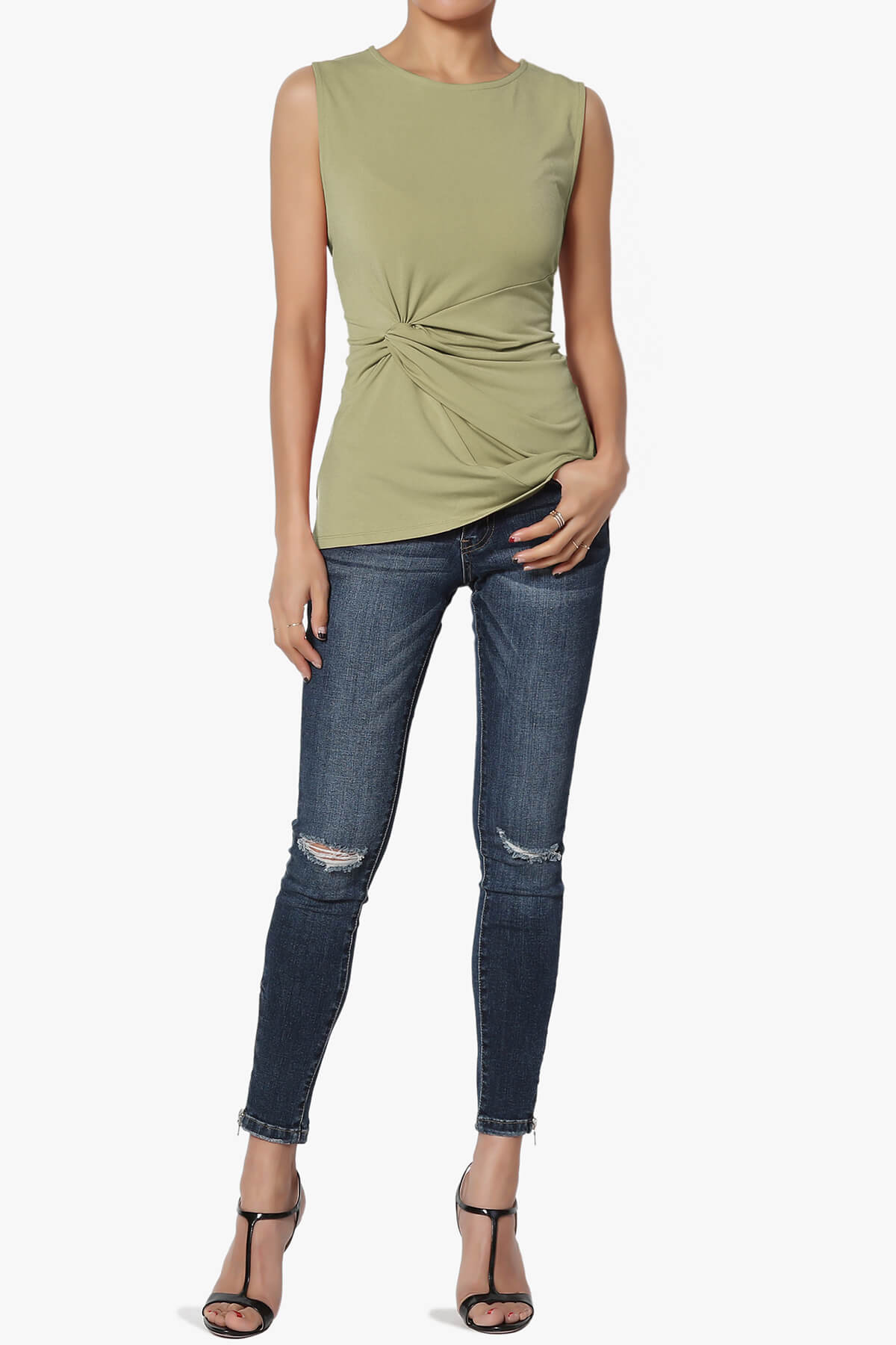 Qutie Knot Front Tank Top KHAKI GREEN_6